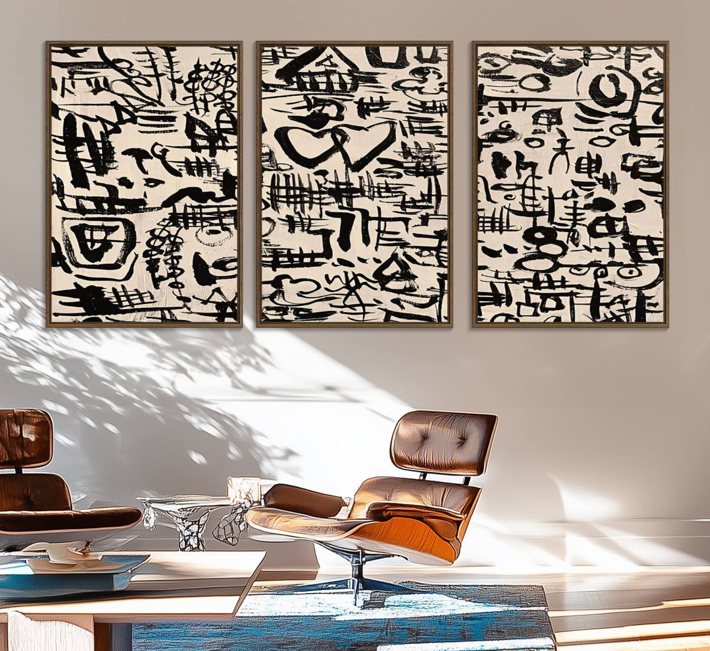 68273-MGV-FC-60X30-3P_Walnut-Abstract Love and Chaos Canvas Print, Black Symbols on Beige