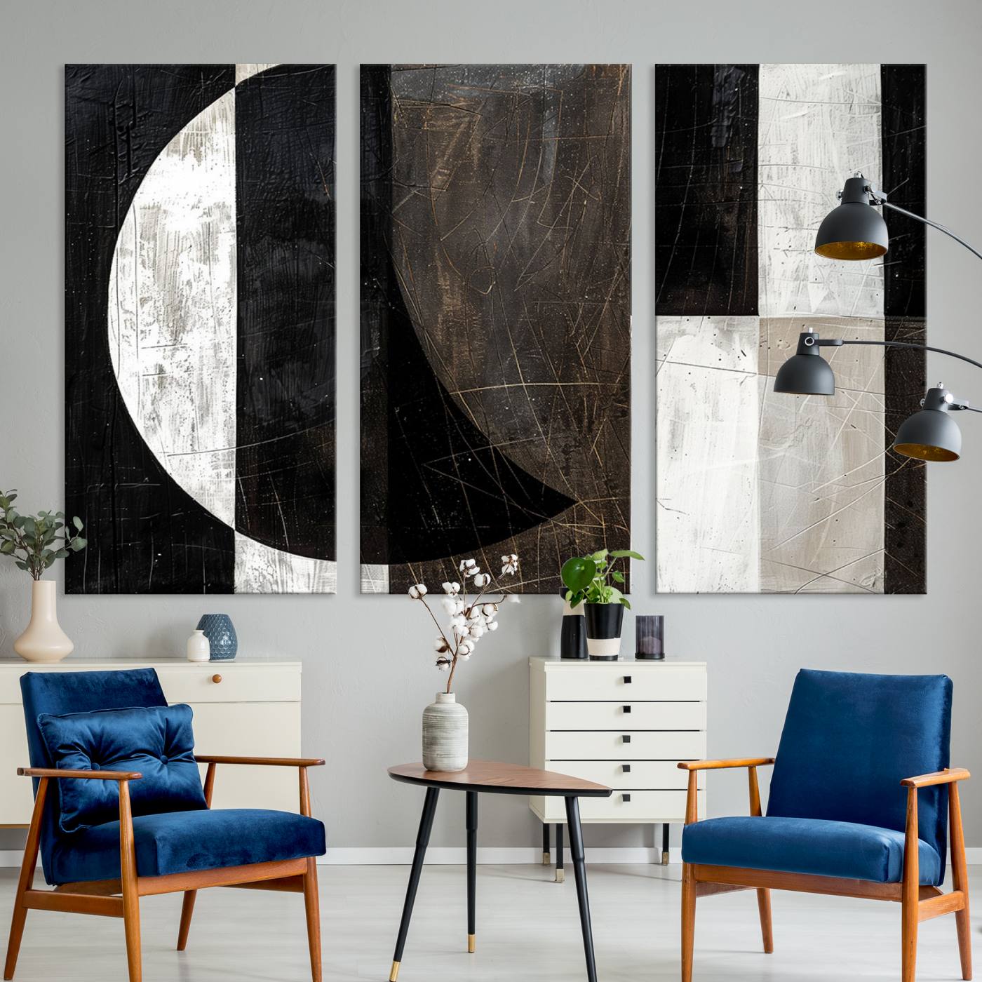 47880-MGV-CV-48X32-3P-Abstract Modern Wabi Sabi Wall Art Canvas Print Set – Minimalist Mid-Century Contemporary Artwork for Home, Office