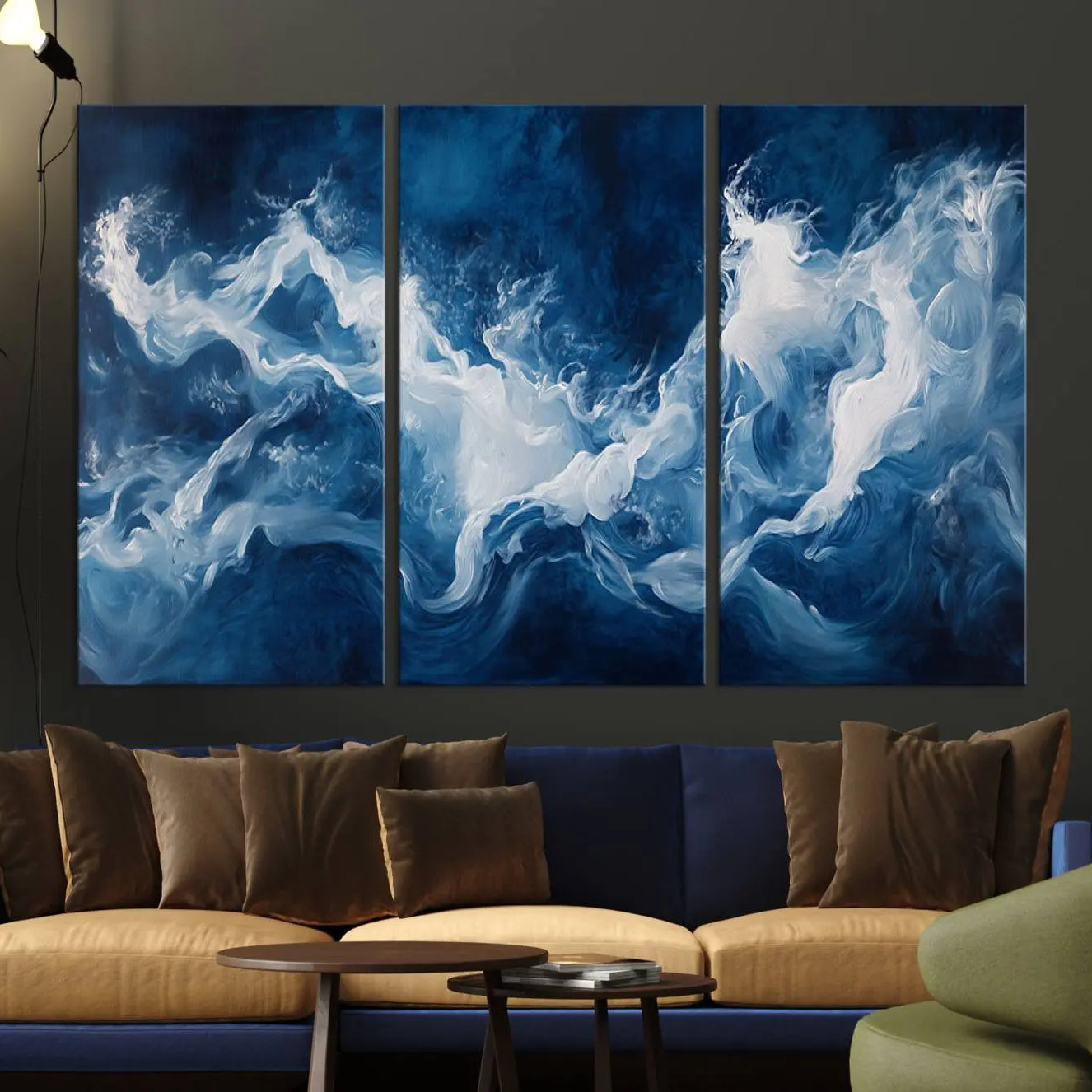 -Abstract Ocean Storm Canvas Wall Art - Deep Blue and White Sea Painting - Modern Coastal Artwork for
