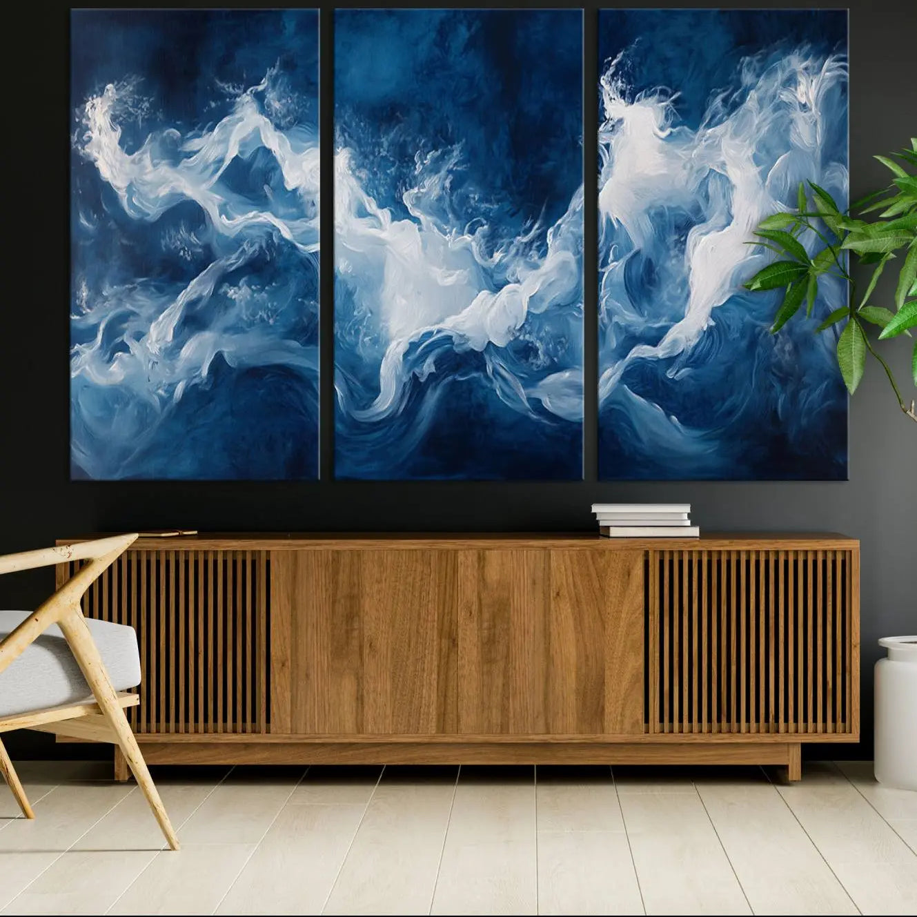 31179-MGV-CV-36X24-Abstract Ocean Storm Wall Art Canvas Print – Deep Blue White Sea Modern Coastal Artwork for Home, Office Decor