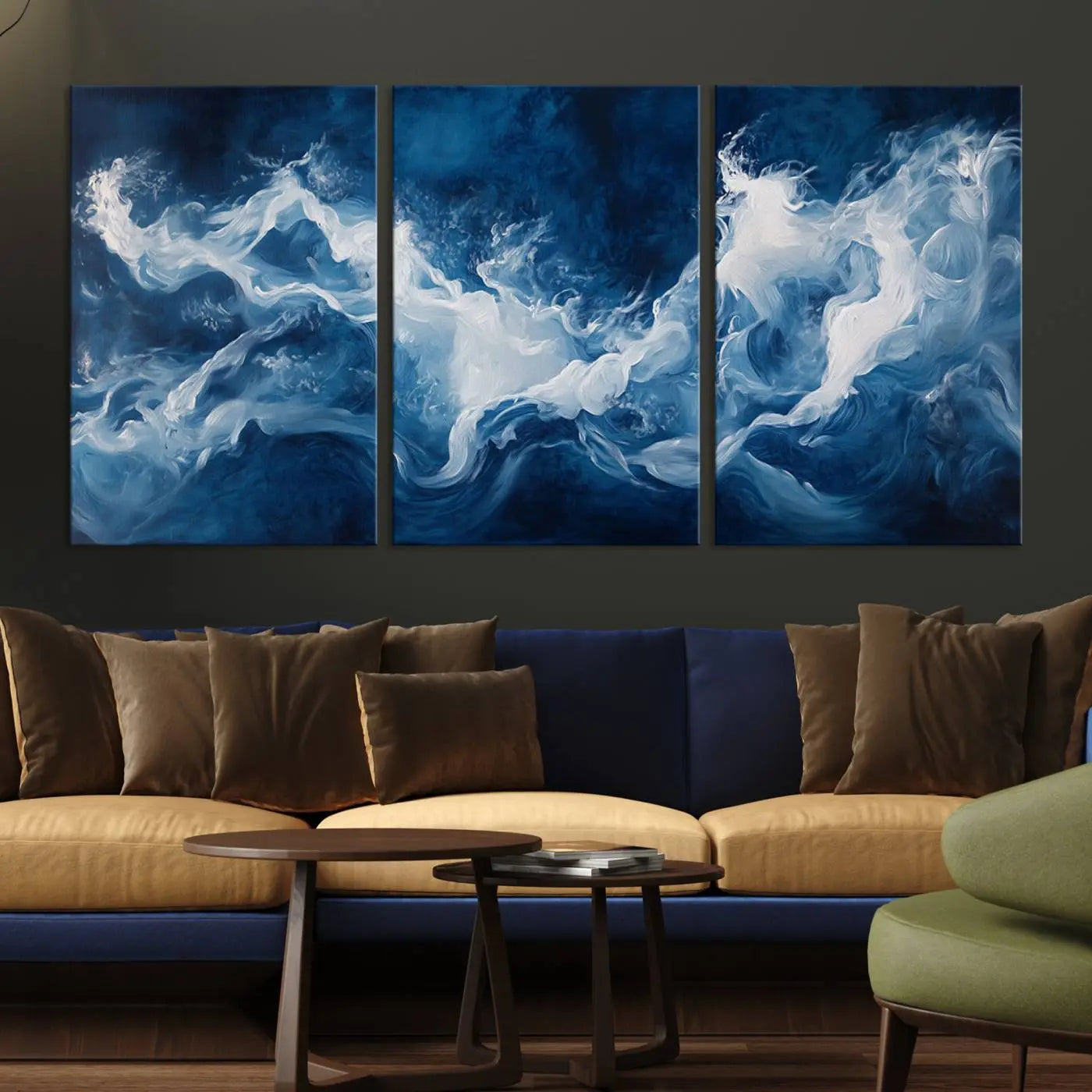 -Abstract Ocean Storm Canvas Wall Art - Deep Blue and White Sea Painting - Modern Coastal Artwork for