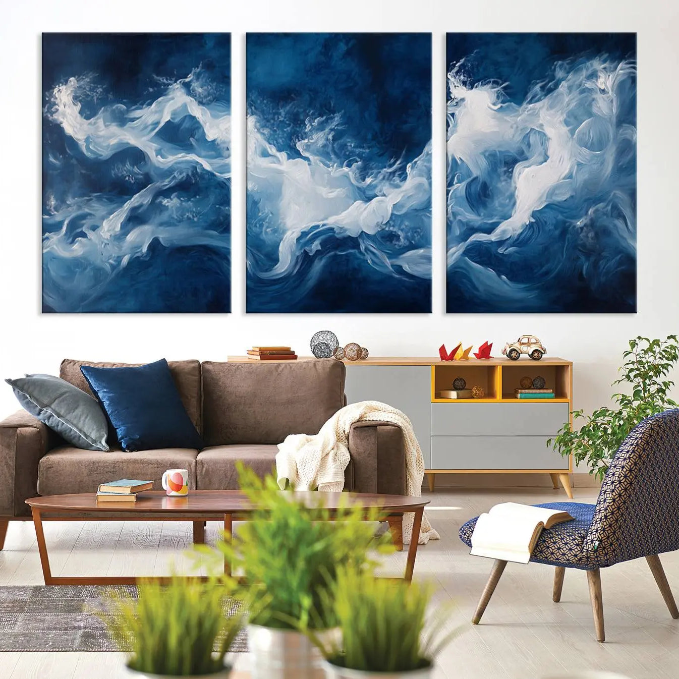 31179-MGV-CV-36X24-Abstract Ocean Storm Wall Art Canvas Print – Deep Blue White Sea Modern Coastal Artwork for Home, Office Decor