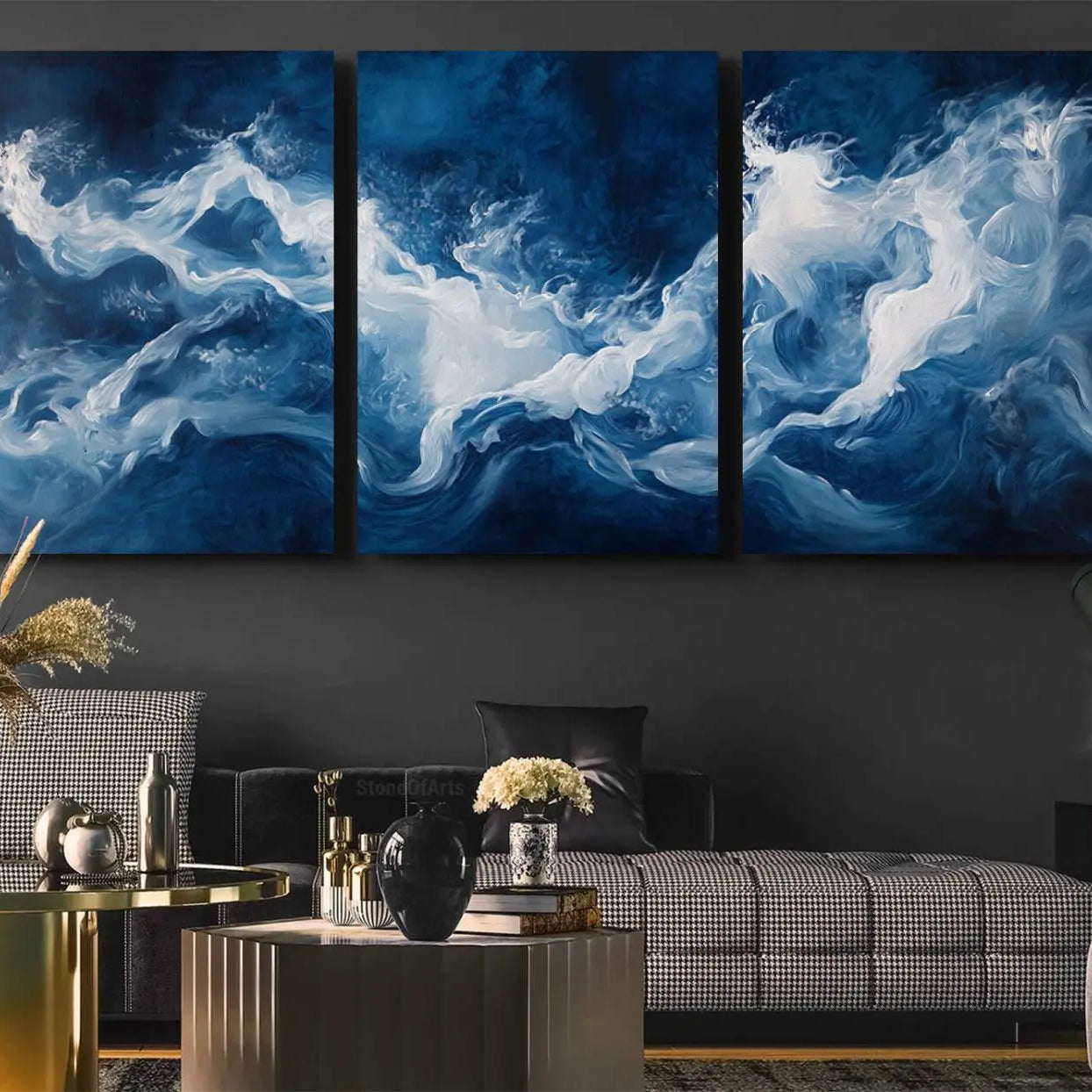 -Abstract Ocean Storm Canvas Wall Art - Deep Blue and White Sea Painting - Modern Coastal Artwork for