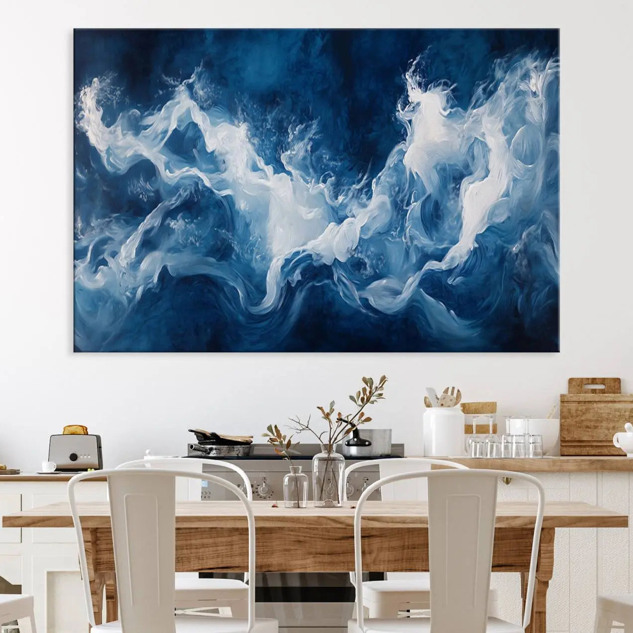 31179-MGV-CV-36X24-Abstract Ocean Storm Canvas Wall Art - Deep Blue and White Sea Painting - Modern Coastal Artwork for