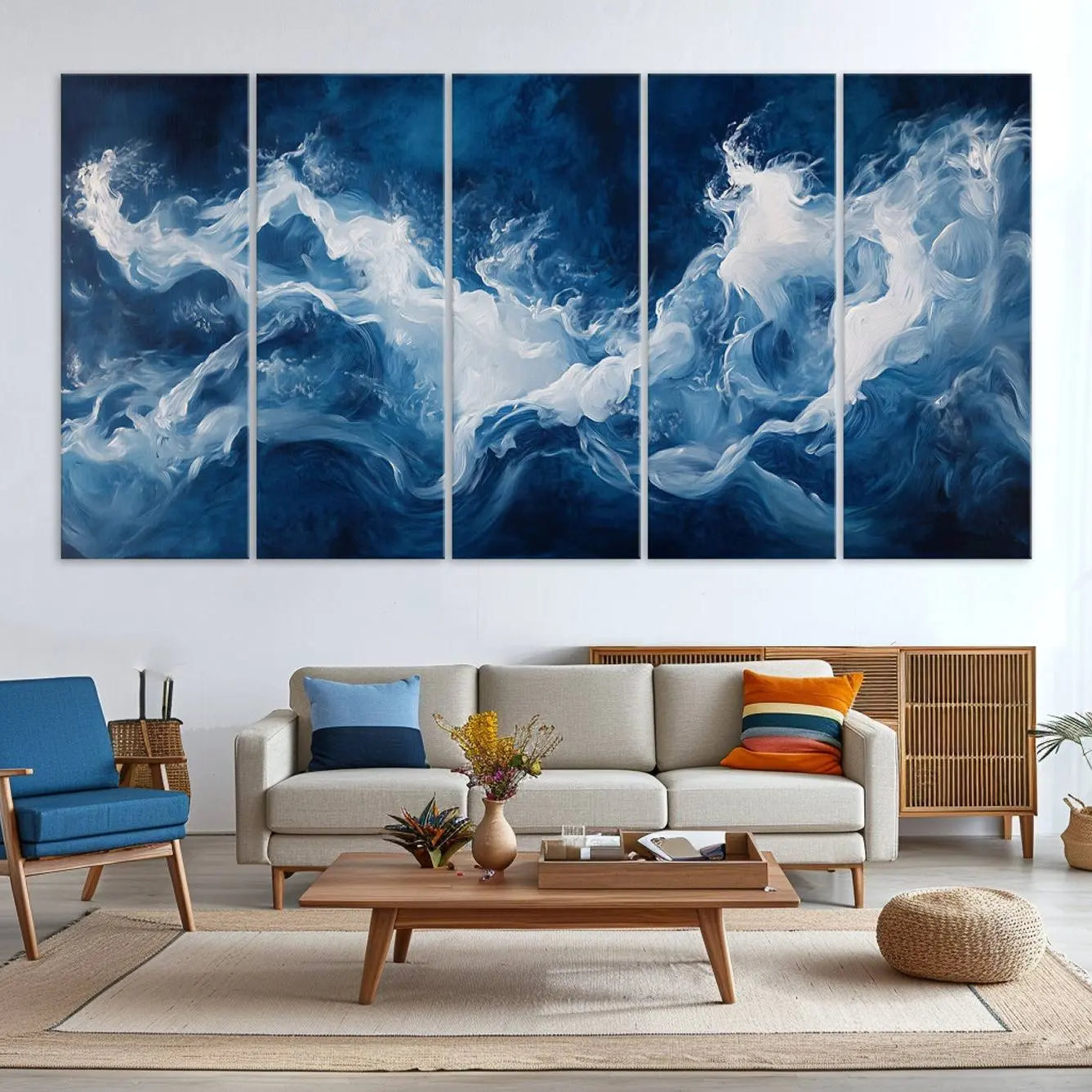 31179-MGV-CV-36X24-Abstract Ocean Storm Wall Art Canvas Print – Deep Blue White Sea Modern Coastal Artwork for Home, Office Decor