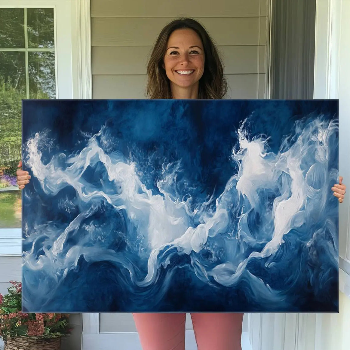 -Abstract Ocean Storm Canvas Wall Art - Deep Blue and White Sea Painting - Modern Coastal Artwork for