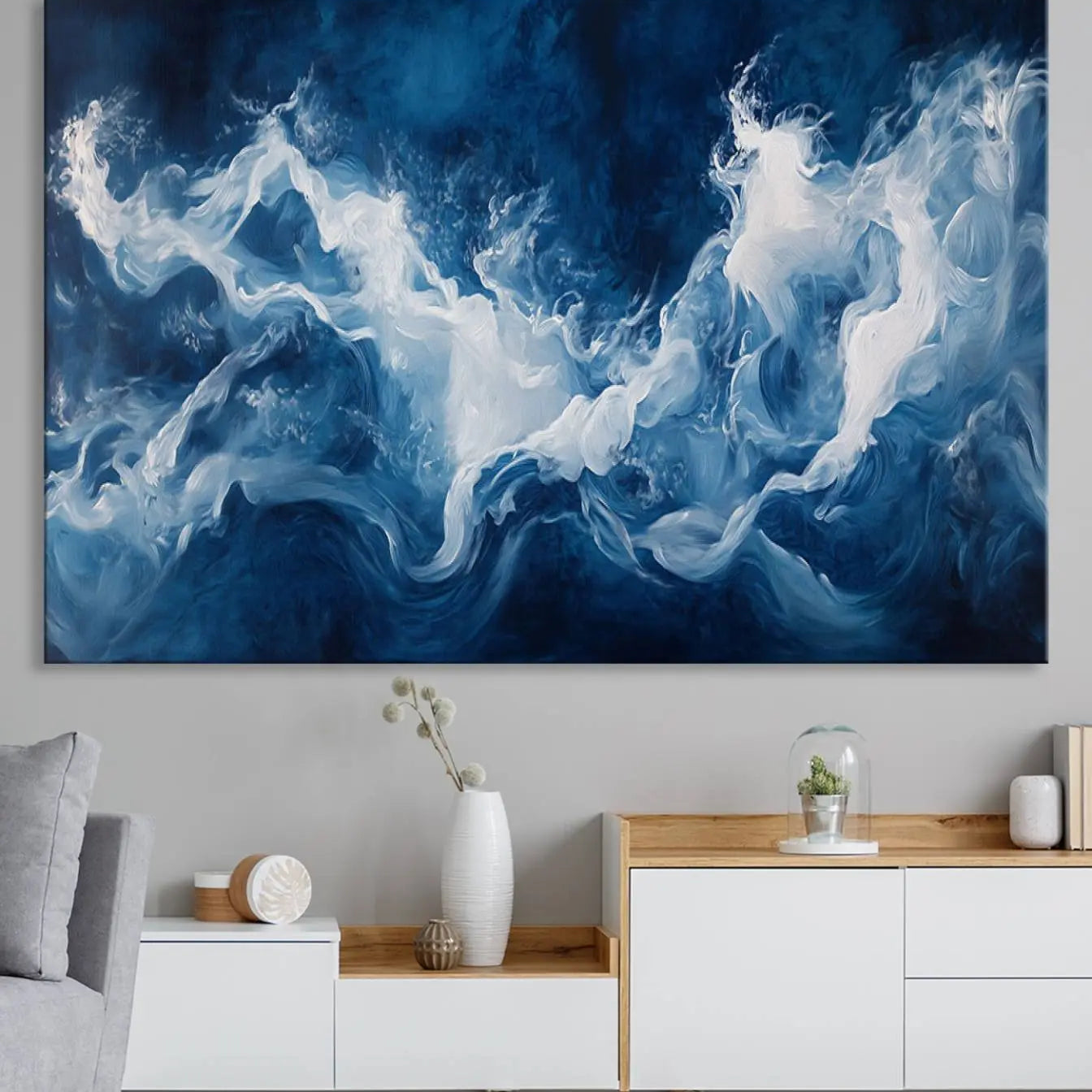 31179-MGV-CV-36X24-Abstract Ocean Storm Wall Art Canvas Print – Deep Blue White Sea Modern Coastal Artwork for Home, Office Decor