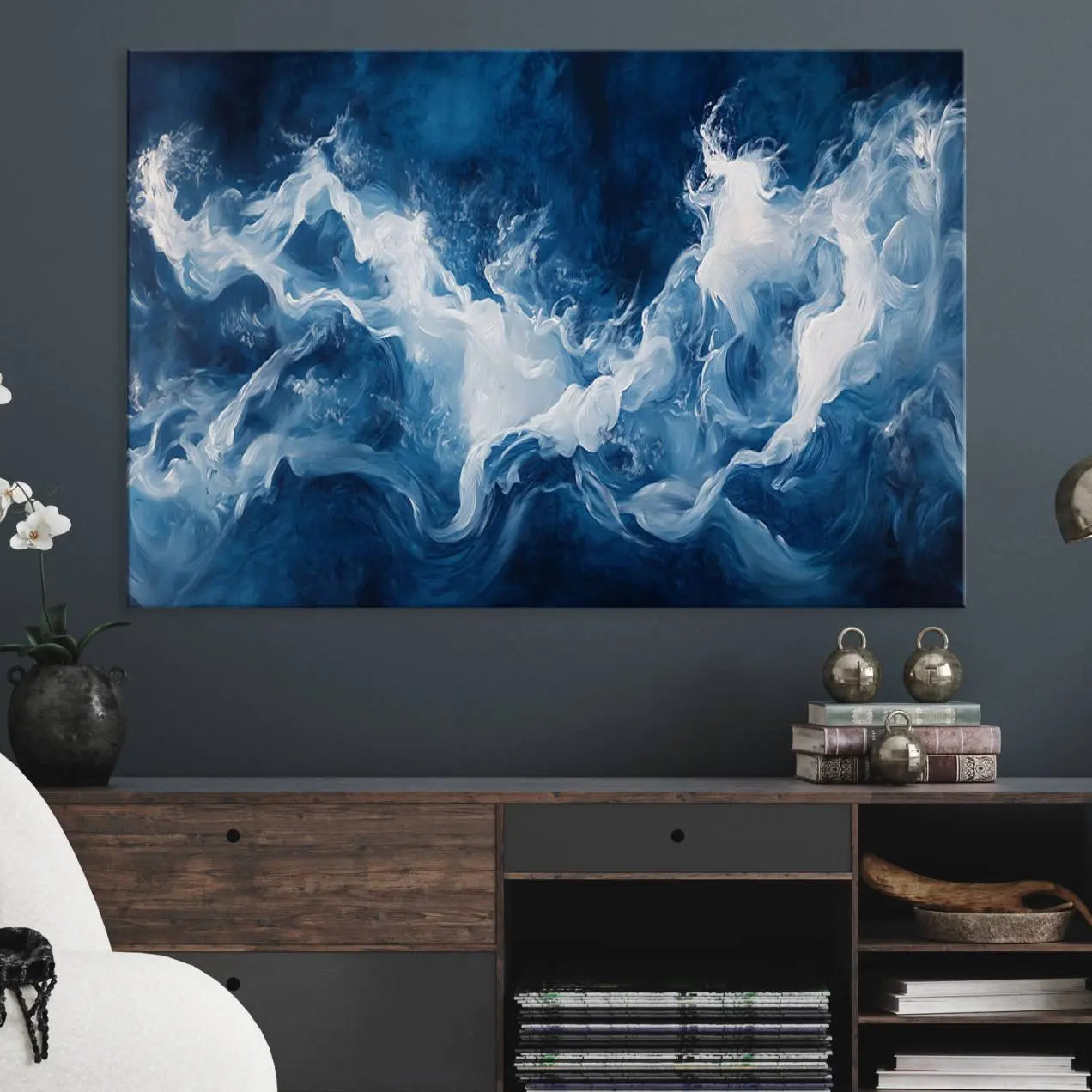 -Abstract Ocean Storm Canvas Wall Art - Deep Blue and White Sea Painting - Modern Coastal Artwork for