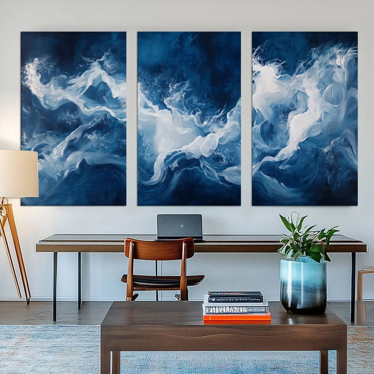 31179-MGV-CV-48X32-3P-Abstract Ocean Storm Canvas Wall Art - Deep Blue and White Sea Painting - Modern Coastal Artwork for