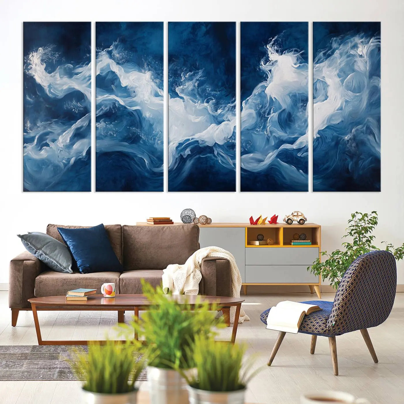 31179-MGV-CV-60X31-5P-Abstract Ocean Storm Canvas Wall Art - Deep Blue and White Sea Painting - Modern Coastal Artwork for