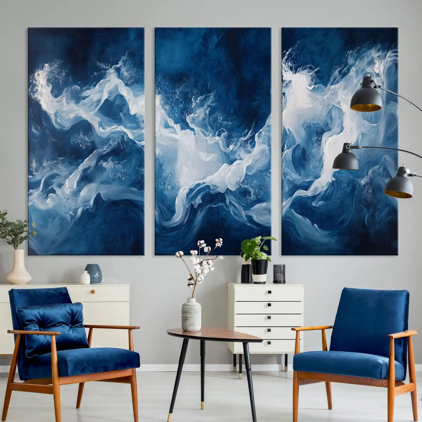 -Abstract Ocean Storm Canvas Wall Art - Deep Blue and White Sea Painting - Modern Coastal Artwork for