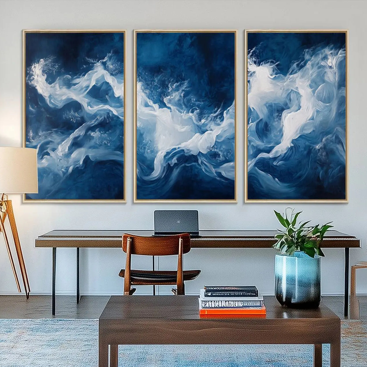 31179-MGV-FC-48X32-3P_Natural-Abstract Ocean Storm Canvas Wall Art - Deep Blue and White Sea Painting - Modern Coastal Artwork for