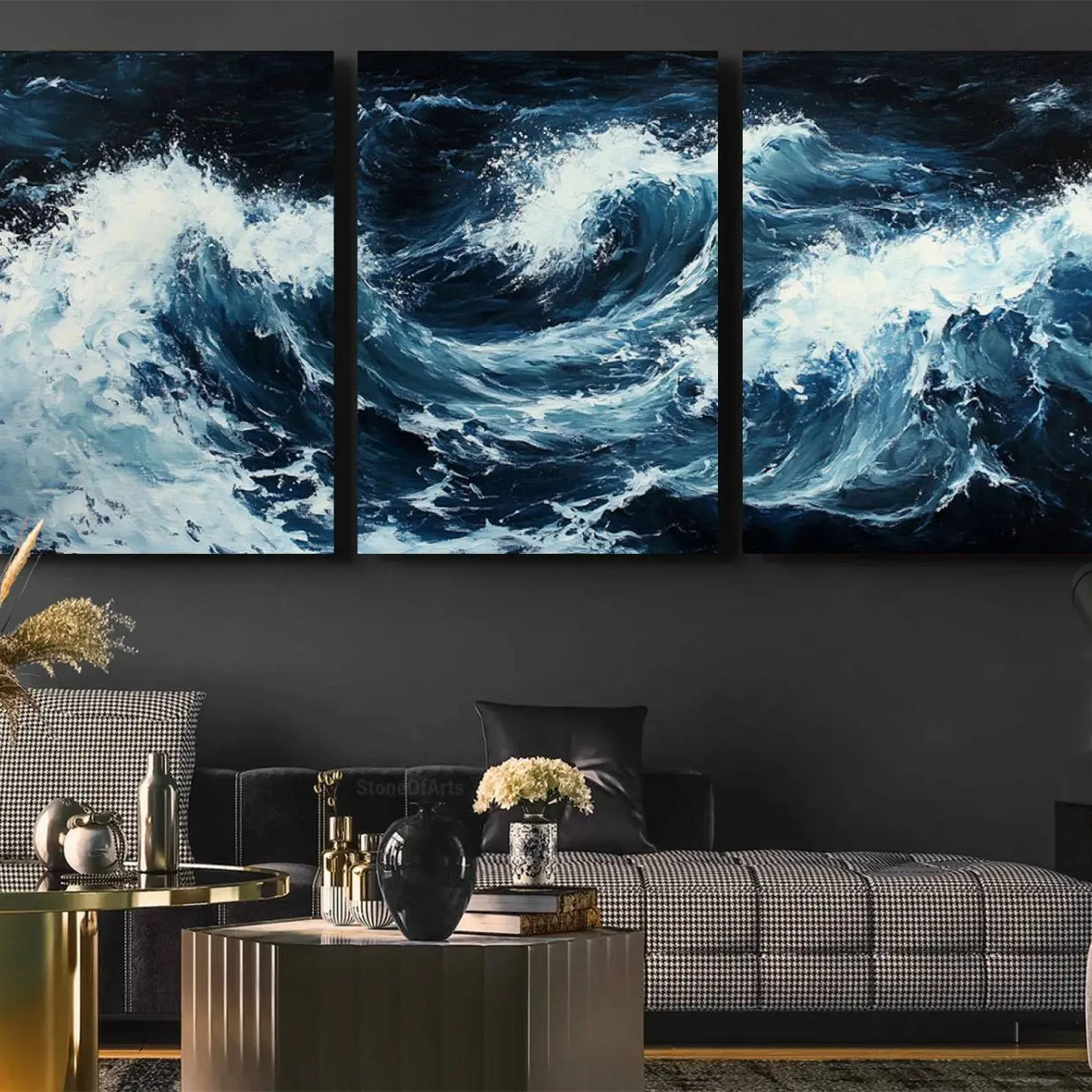 -Abstract Ocean Waves Canvas Wall Art Print - Dynamic Ocean Storm Large Printing - Modern Coastal