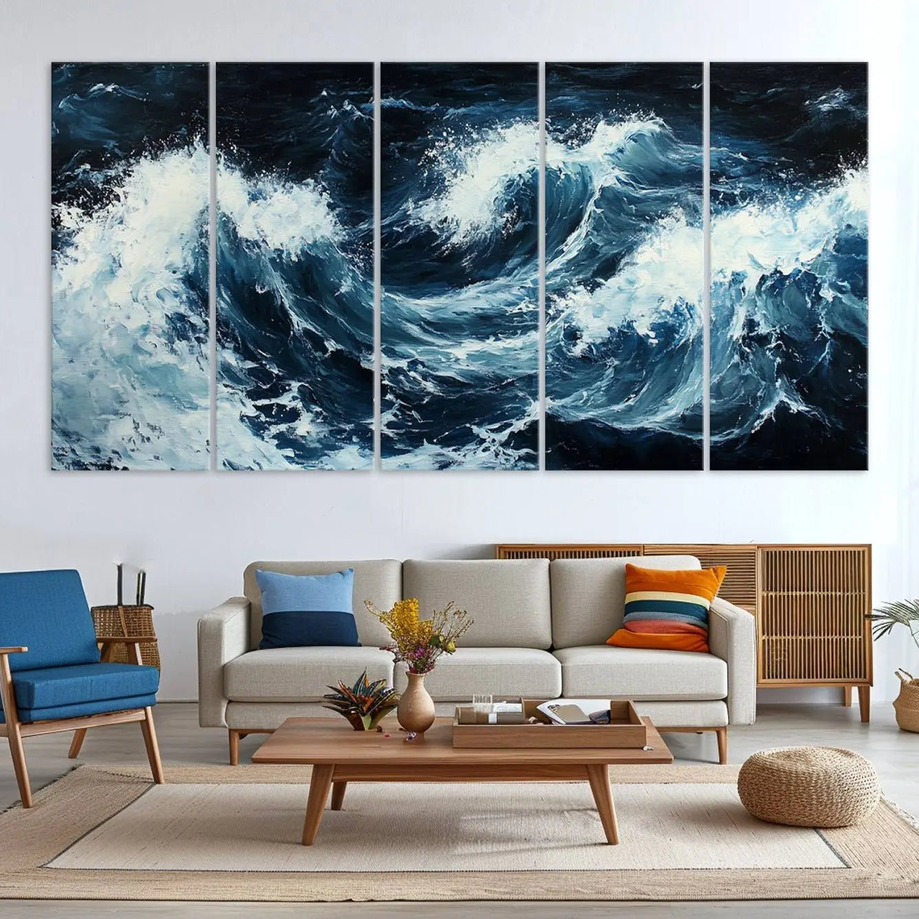-Abstract Ocean Waves Canvas Wall Art Print - Dynamic Ocean Storm Large Printing - Modern Coastal