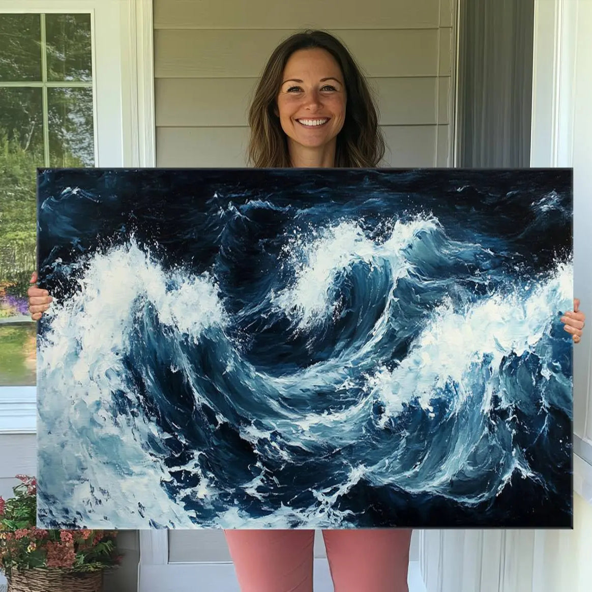 -Abstract Ocean Waves Canvas Wall Art Print - Dynamic Ocean Storm Large Printing - Modern Coastal