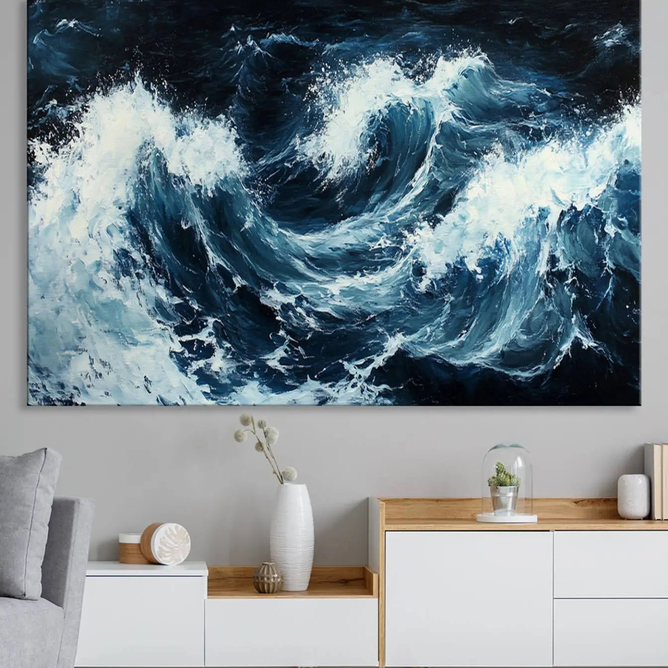 -Abstract Ocean Waves Canvas Wall Art Print - Dynamic Ocean Storm Large Printing - Modern Coastal