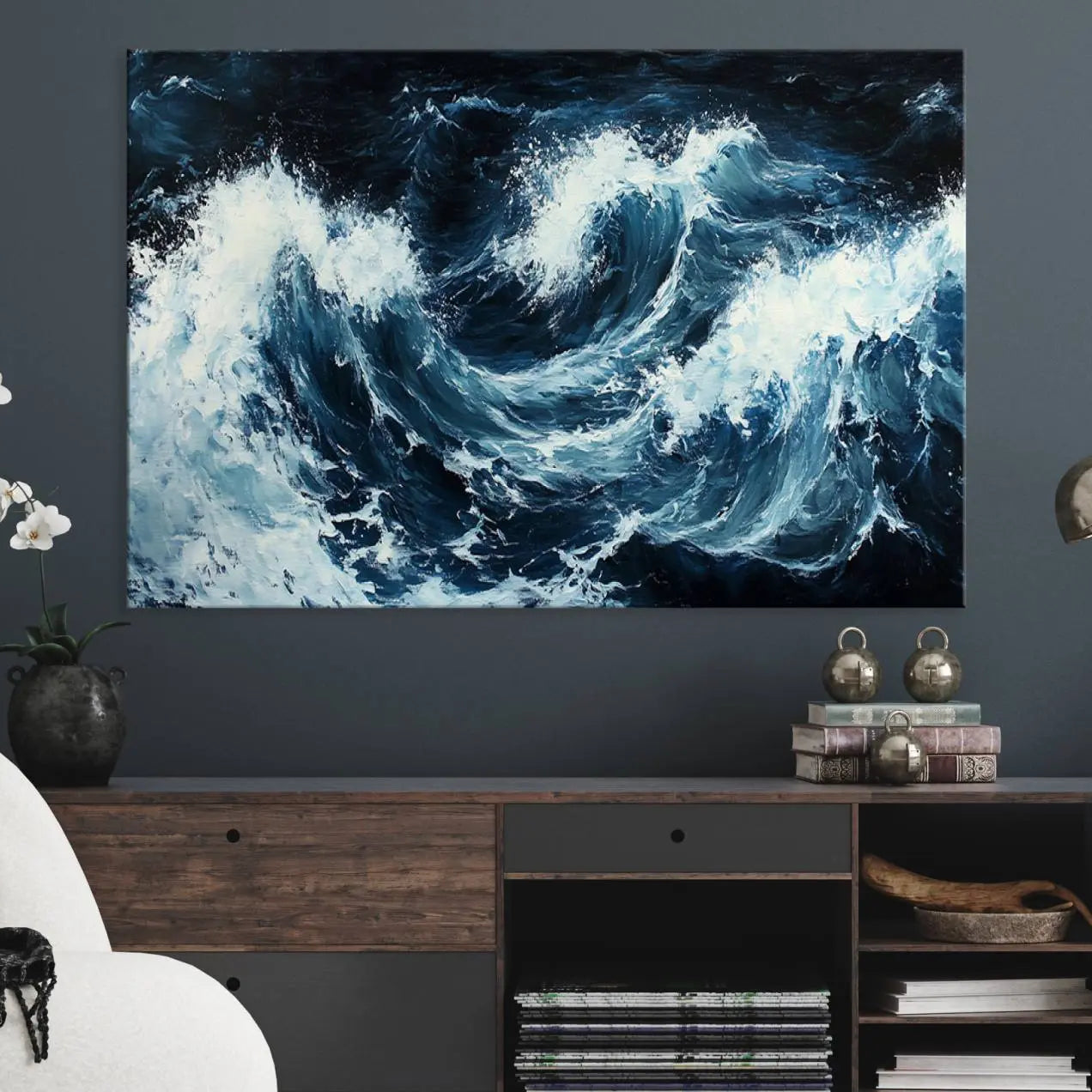 -Abstract Ocean Waves Canvas Wall Art Print - Dynamic Ocean Storm Large Printing - Modern Coastal