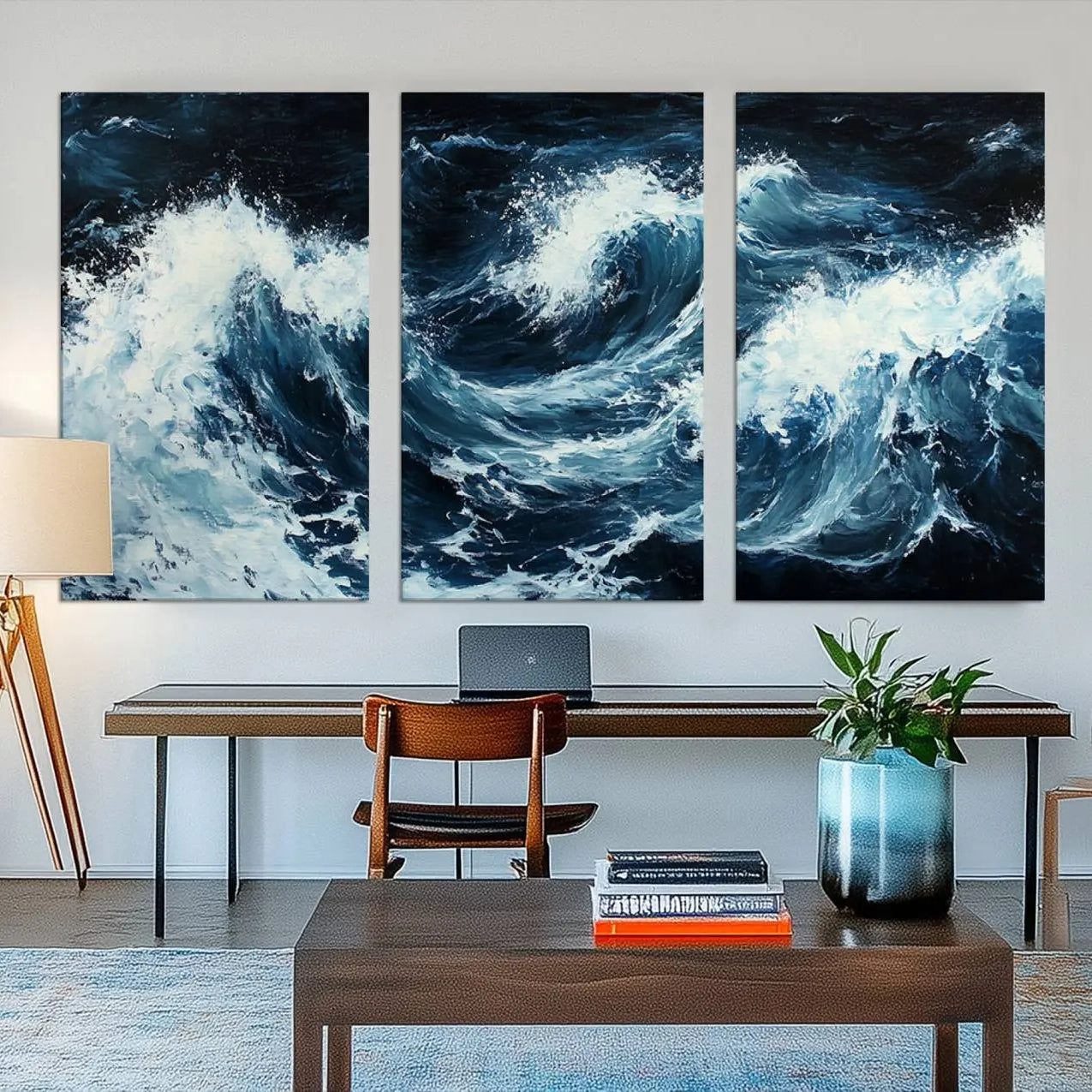 58960-MGV-CV-48X32-3P-Abstract Ocean Waves Canvas Wall Art Print - Dynamic Ocean Storm Large Printing - Modern Coastal