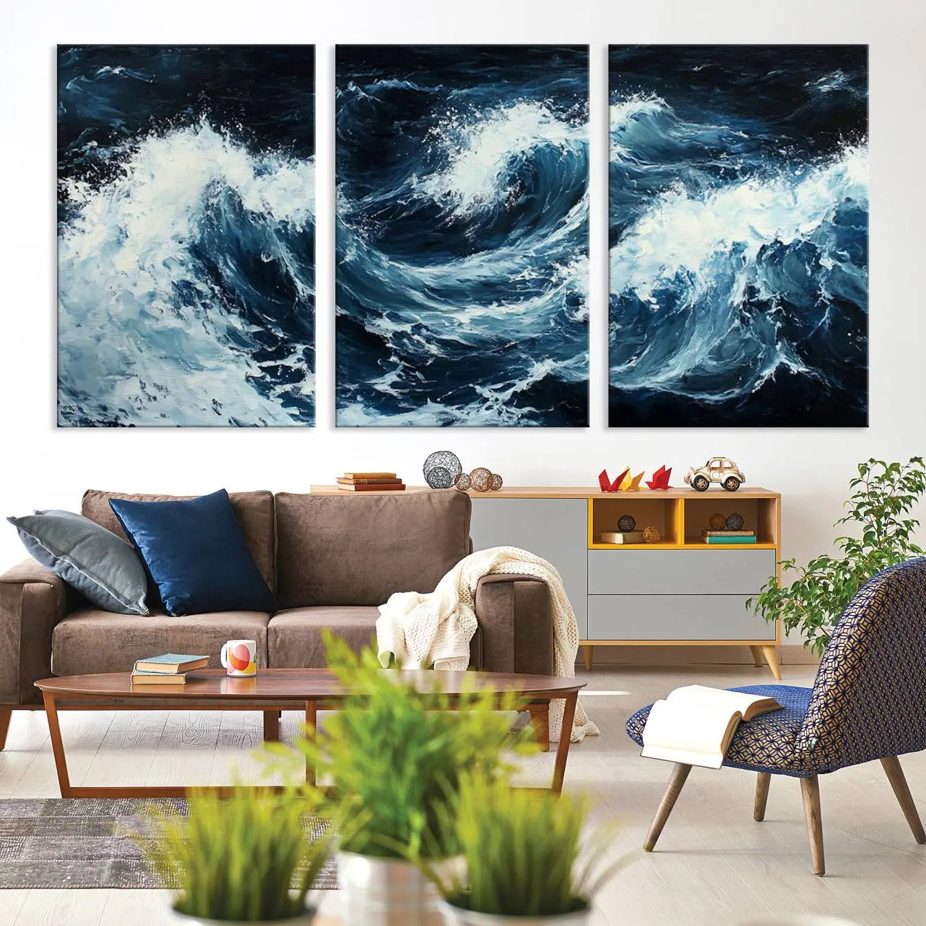 -Abstract Ocean Waves Canvas Wall Art Print - Dynamic Ocean Storm Large Printing - Modern Coastal