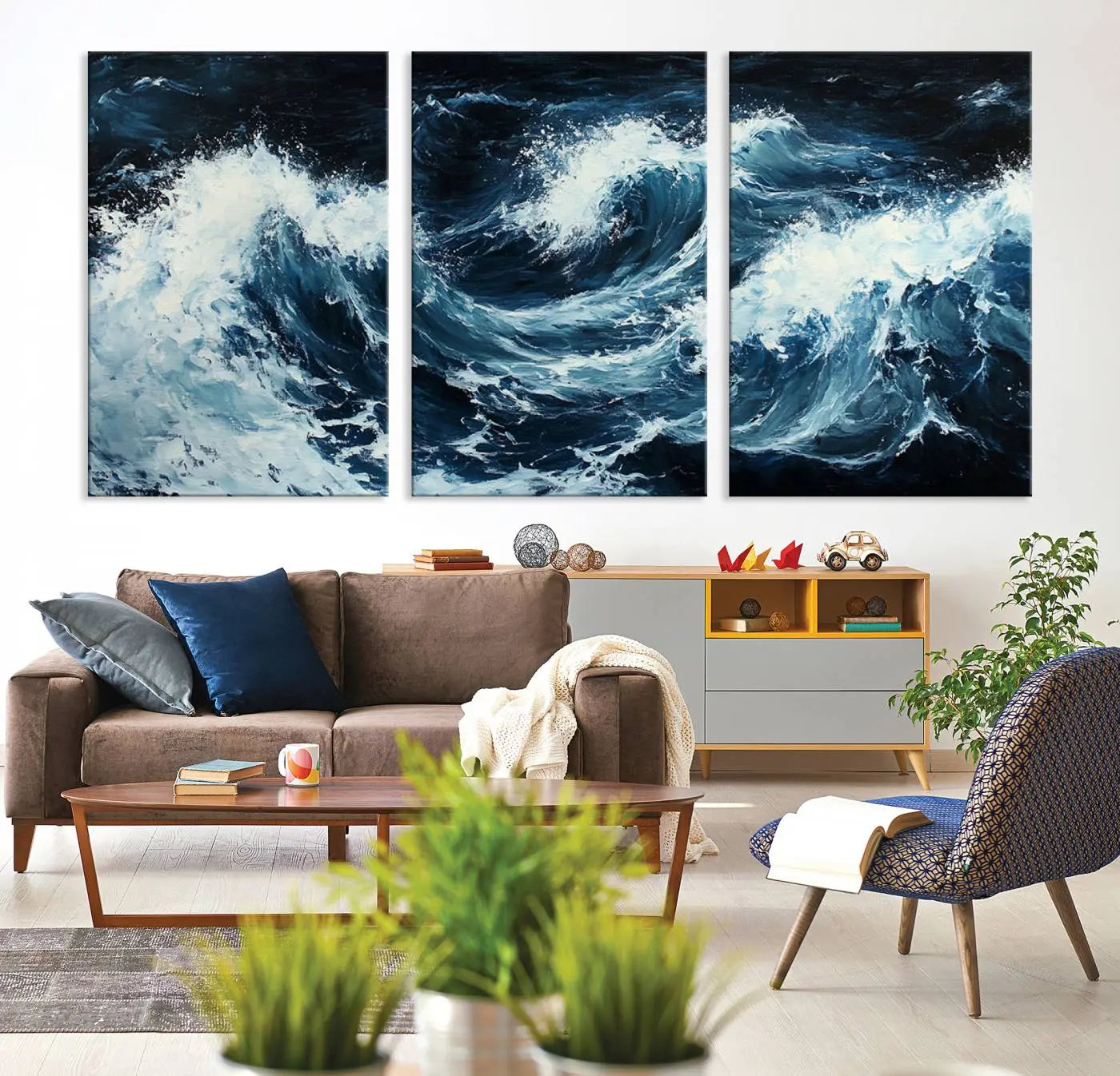-Abstract Ocean Waves Canvas Wall Art Print - Dynamic Ocean Storm Large Printing - Modern Coastal