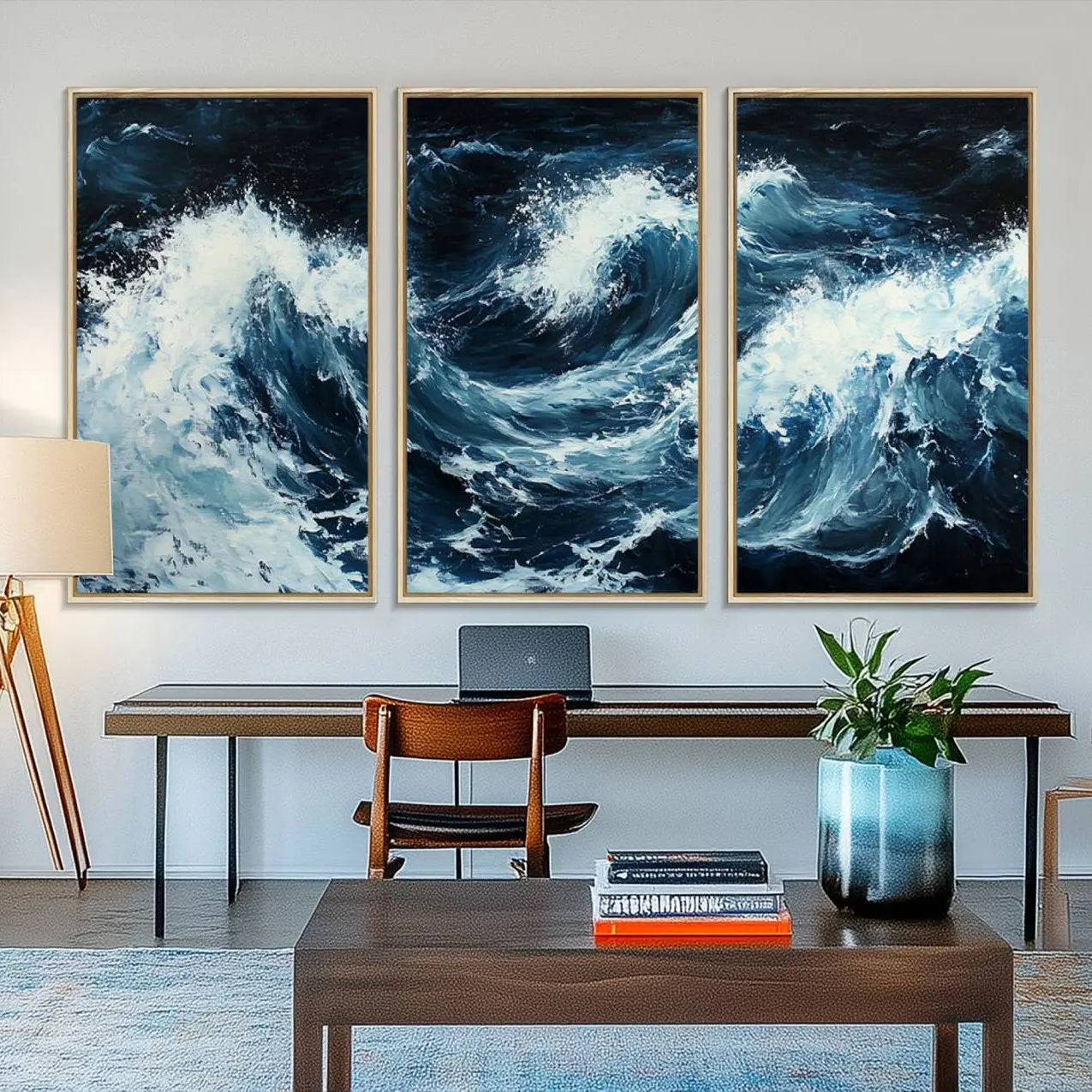 58960-MGV-FC-48X32-3P_Natural-Abstract Ocean Waves Canvas Wall Art Print - Dynamic Ocean Storm Large Printing - Modern Coastal