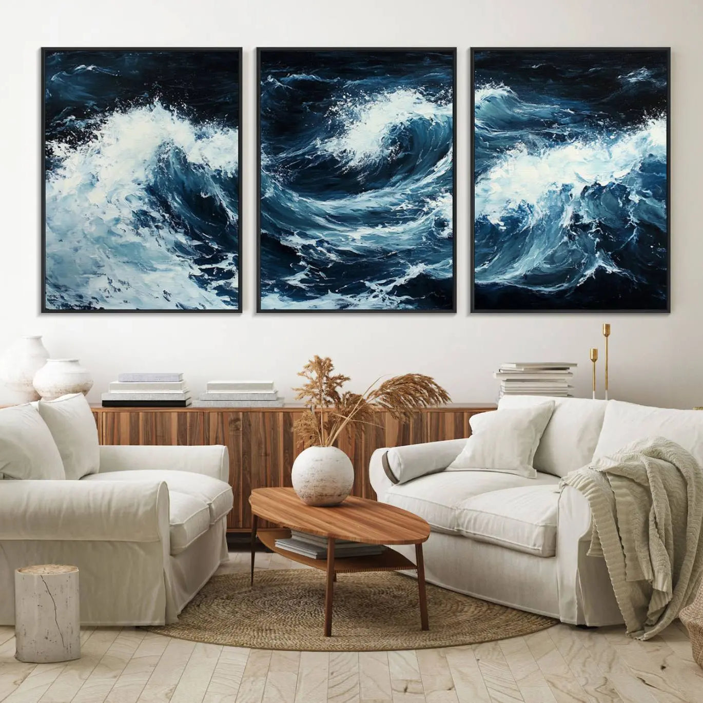 58960-MGV-FC-60X30-3P_Black-Abstract Ocean Waves Canvas Wall Art Print - Dynamic Ocean Storm Large Printing - Modern Coastal