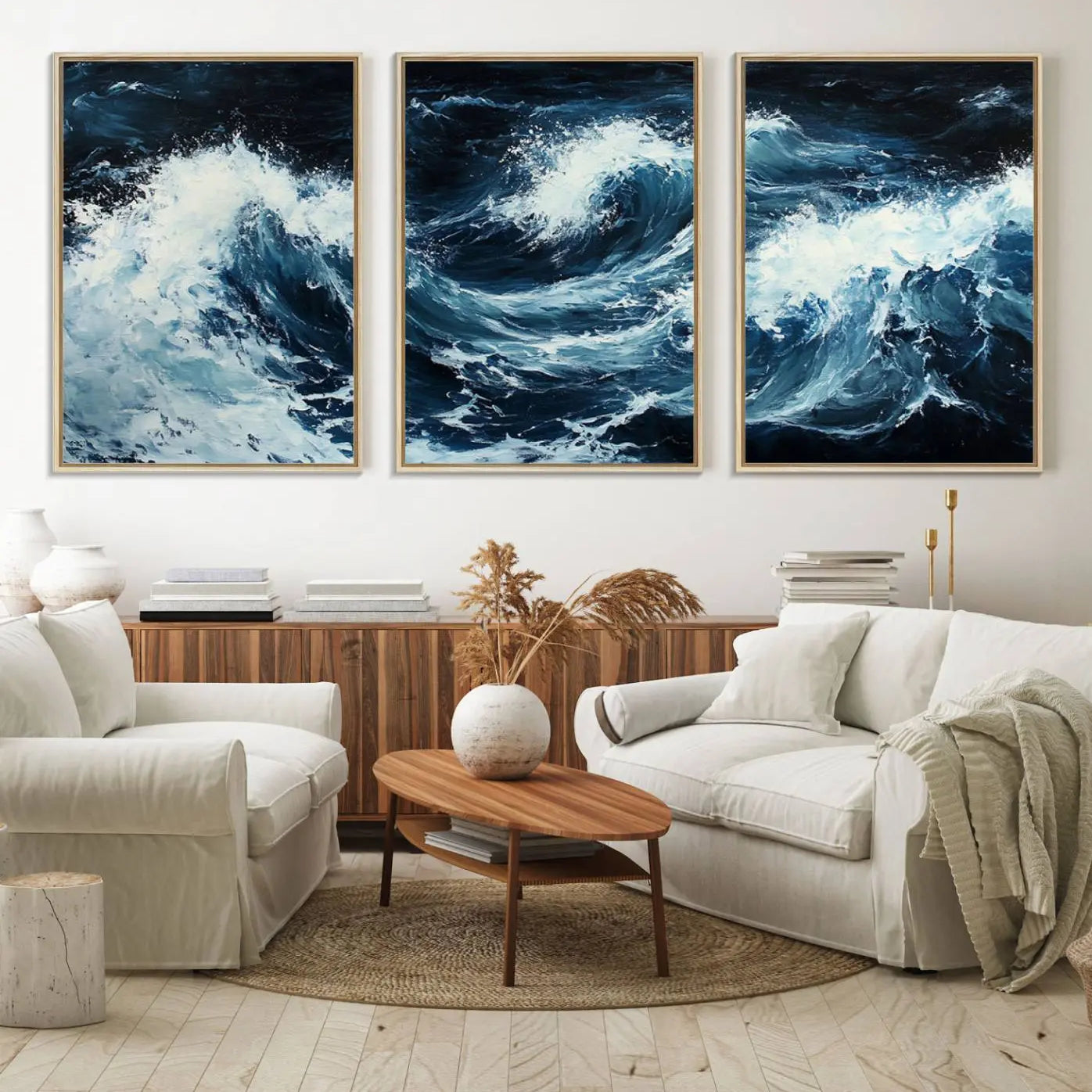 58960-MGV-FC-60X30-3P_Natural-Abstract Ocean Waves Canvas Wall Art Print - Dynamic Ocean Storm Large Printing - Modern Coastal