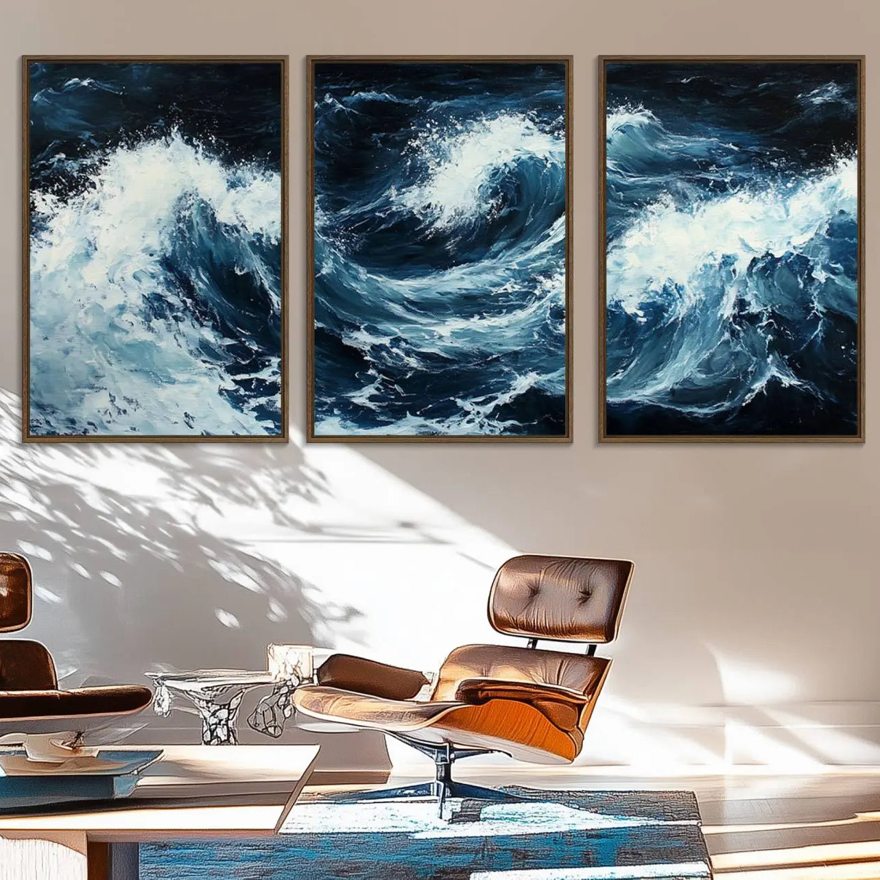 58960-MGV-FC-60X30-3P_Walnut-Abstract Ocean Waves Canvas Wall Art Print - Dynamic Ocean Storm Large Printing - Modern Coastal