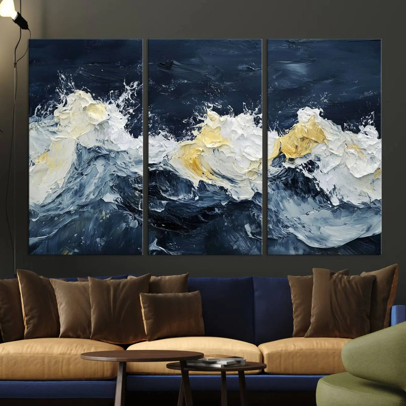 89192-MGV-CV-36X24-Abstract Ocean Waves Canvas Wall Art Print - Framed Blue and White Sea Painting - Modern Coastal