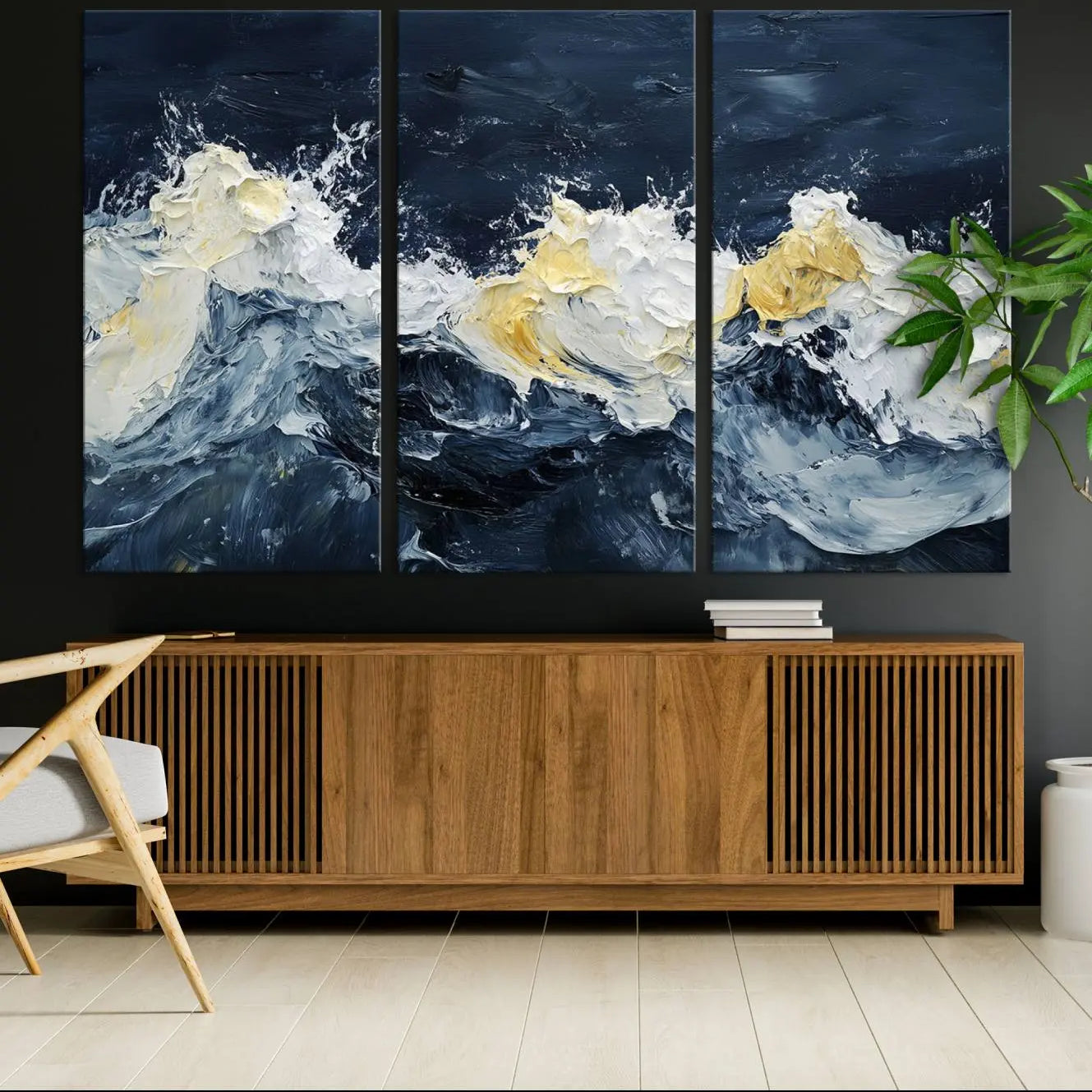 89192-MGV-CV-36X24-Abstract Ocean Waves Canvas Wall Art Print - Framed Blue and White Sea Painting - Modern Coastal