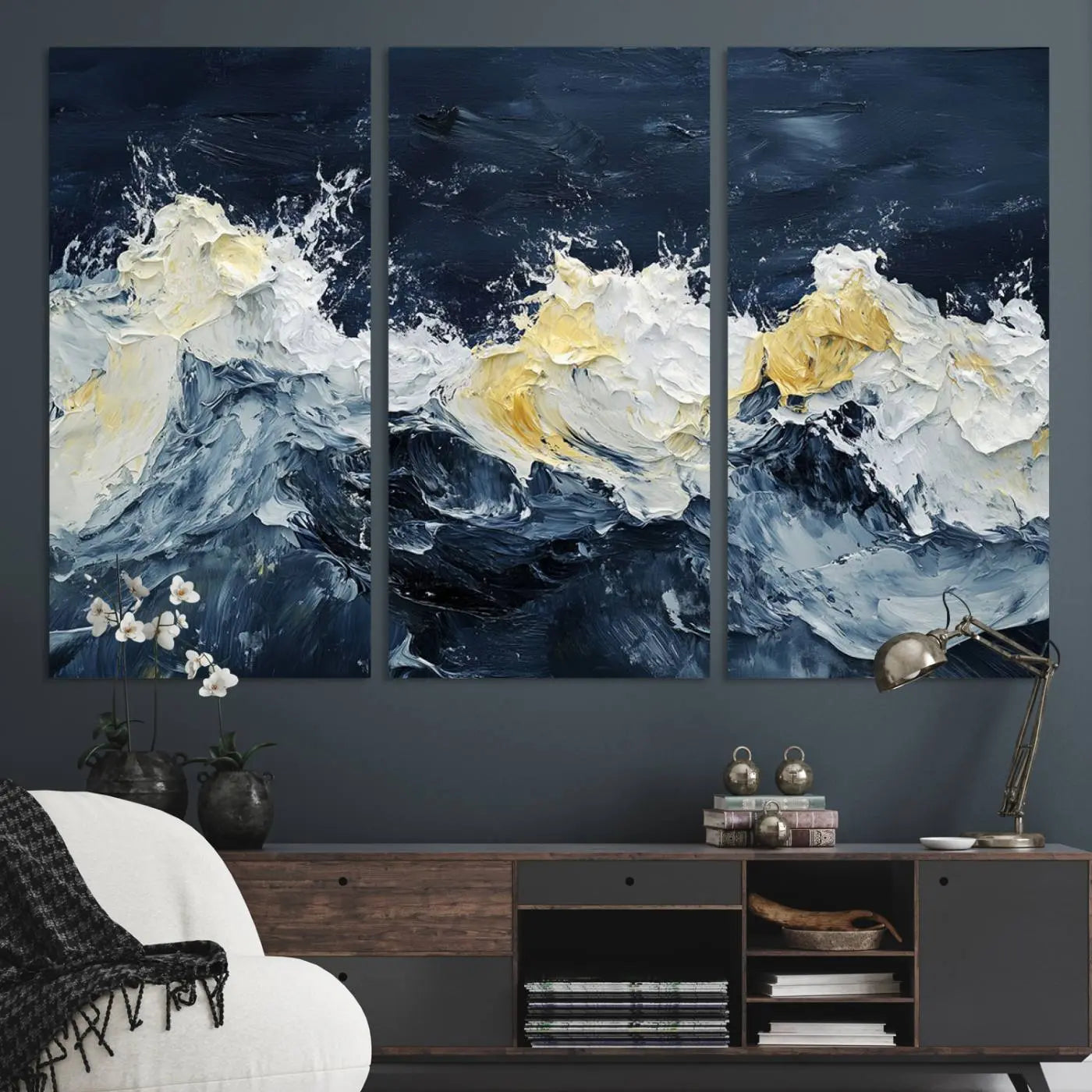 89192-MGV-CV-36X24-Abstract Ocean Waves Wall Art Canvas Print – Framed Blue White Sea Painting Modern Coastal Artwork for Home, Office Decor