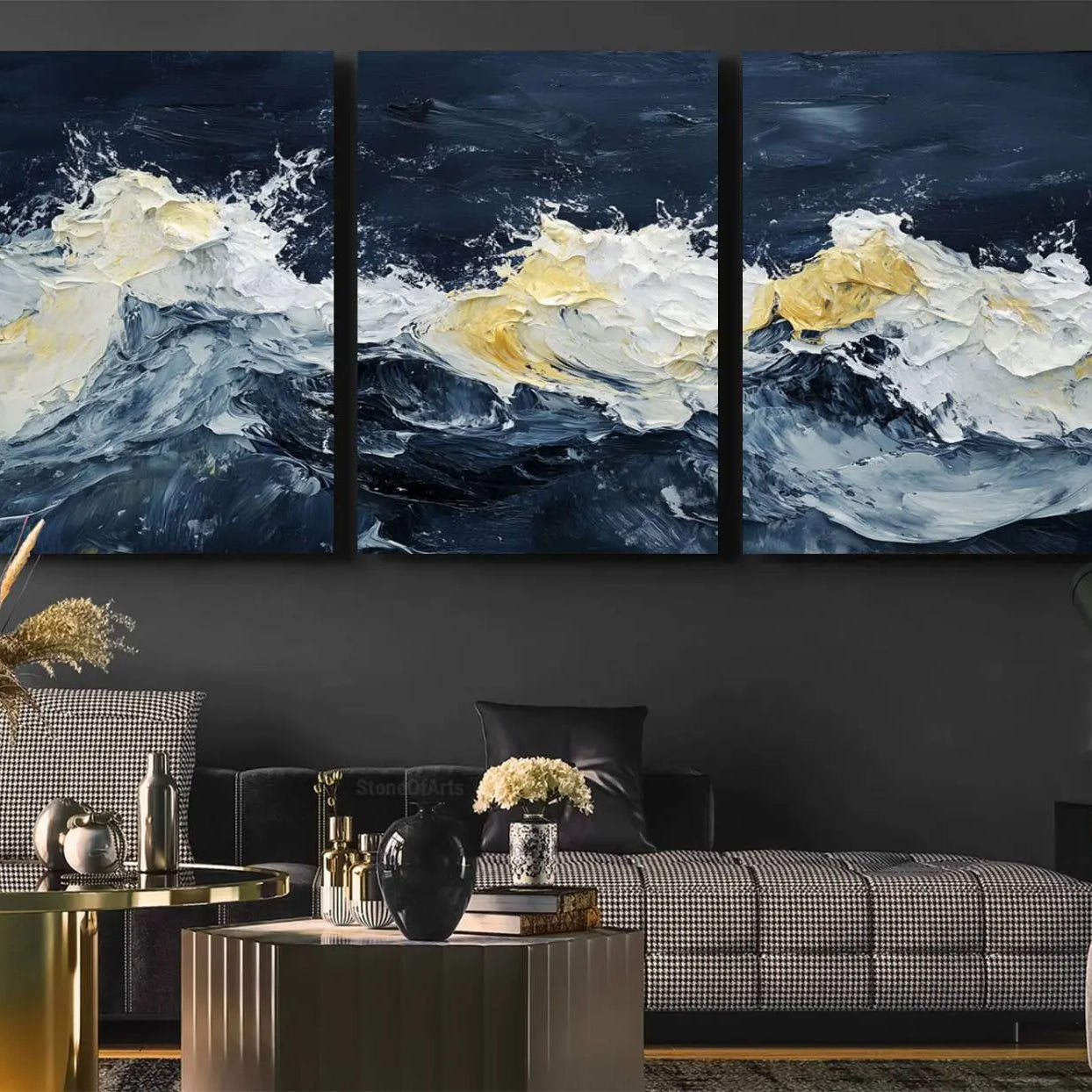 89192-MGV-CV-36X24-Abstract Ocean Waves Canvas Wall Art Print - Framed Blue and White Sea Painting - Modern Coastal