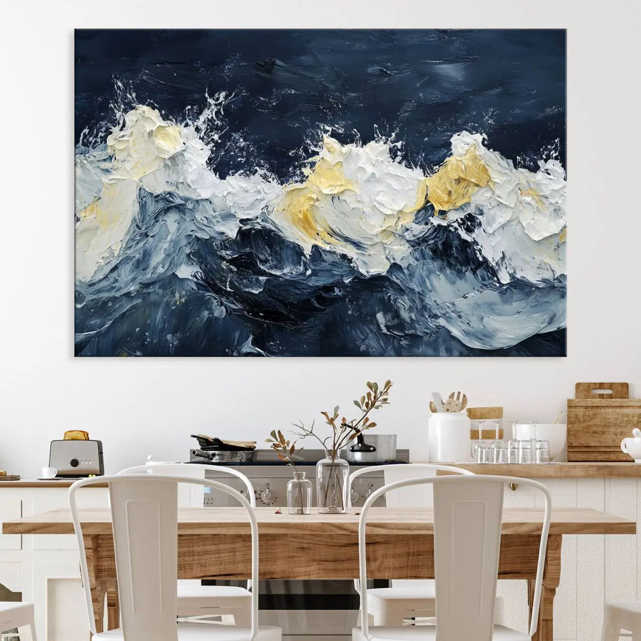 89192-MGV-CV-36X24-Abstract Ocean Waves Canvas Wall Art Print - Framed Blue and White Sea Painting - Modern Coastal