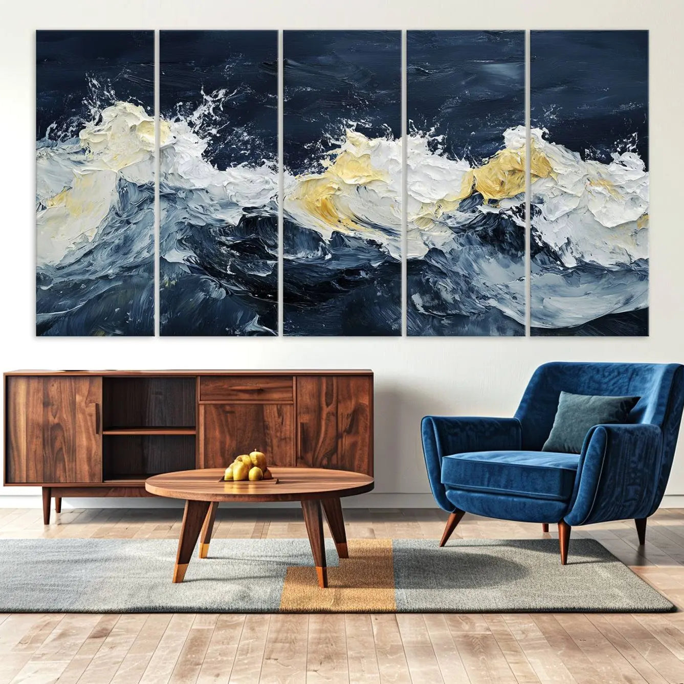 89192-MGV-CV-36X24-Abstract Ocean Waves Canvas Wall Art Print - Framed Blue and White Sea Painting - Modern Coastal