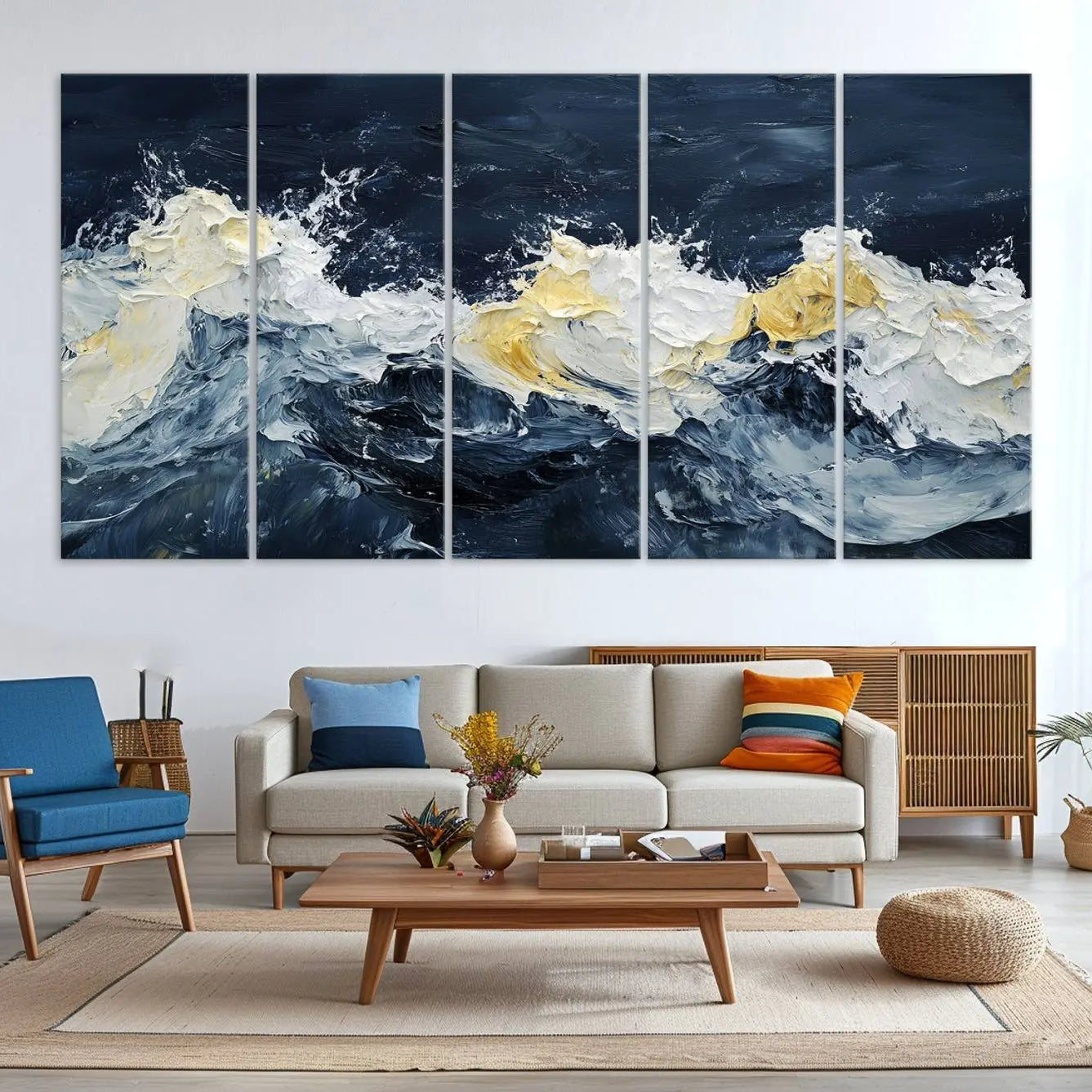 89192-MGV-CV-36X24-Abstract Ocean Waves Canvas Wall Art Print - Framed Blue and White Sea Painting - Modern Coastal