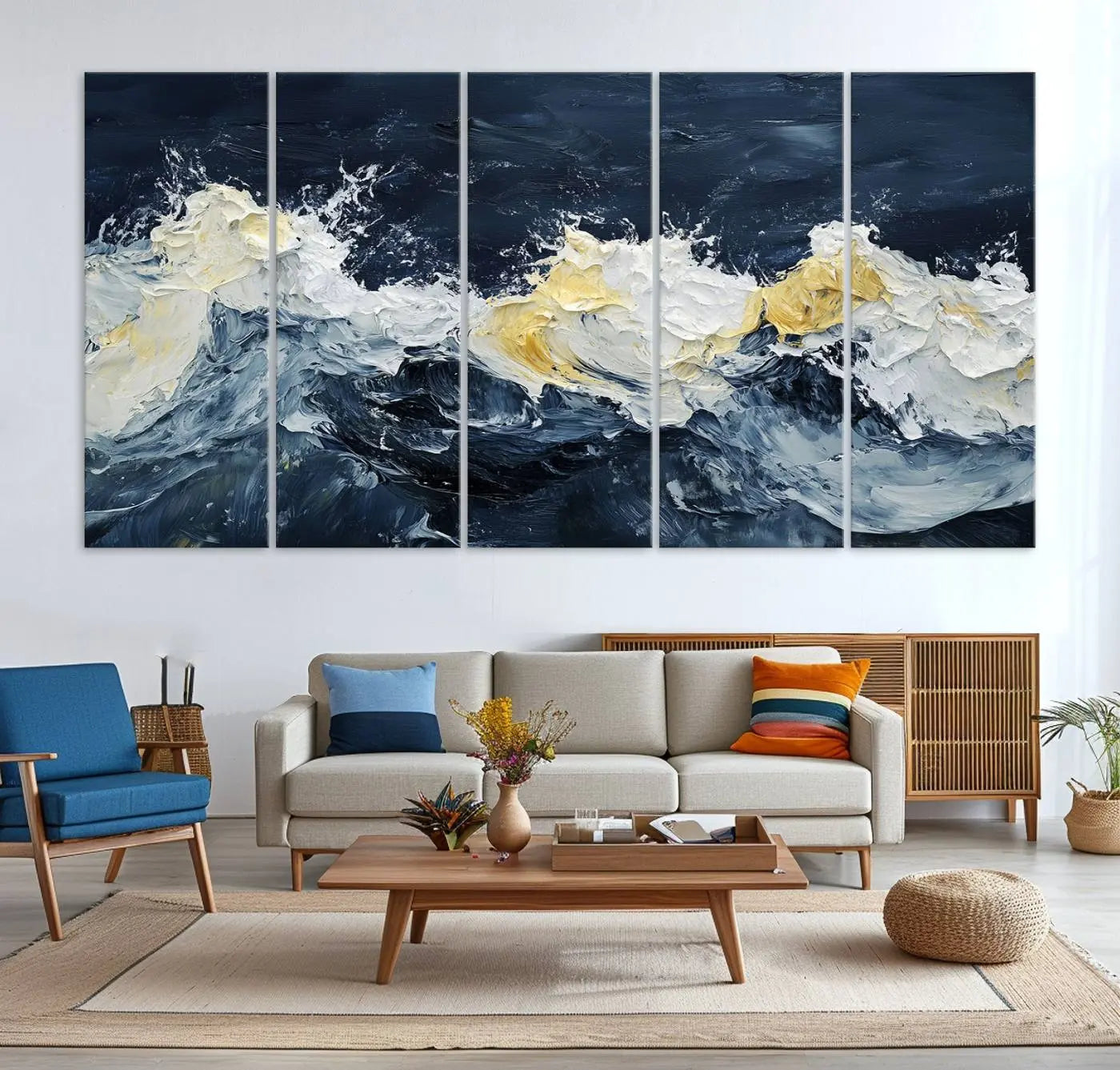 89192-MGV-CV-36X24-Abstract Ocean Waves Wall Art Canvas Print – Framed Blue White Sea Painting Modern Coastal Artwork for Home, Office Decor
