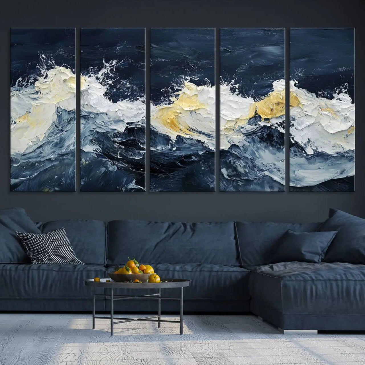 89192-MGV-CV-36X24-Abstract Ocean Waves Canvas Wall Art Print - Framed Blue and White Sea Painting - Modern Coastal