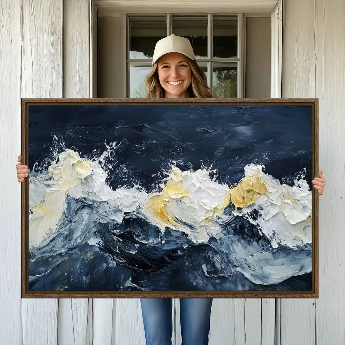89192-MGV-CV-36X24-Abstract Ocean Waves Canvas Wall Art Print - Framed Blue and White Sea Painting - Modern Coastal