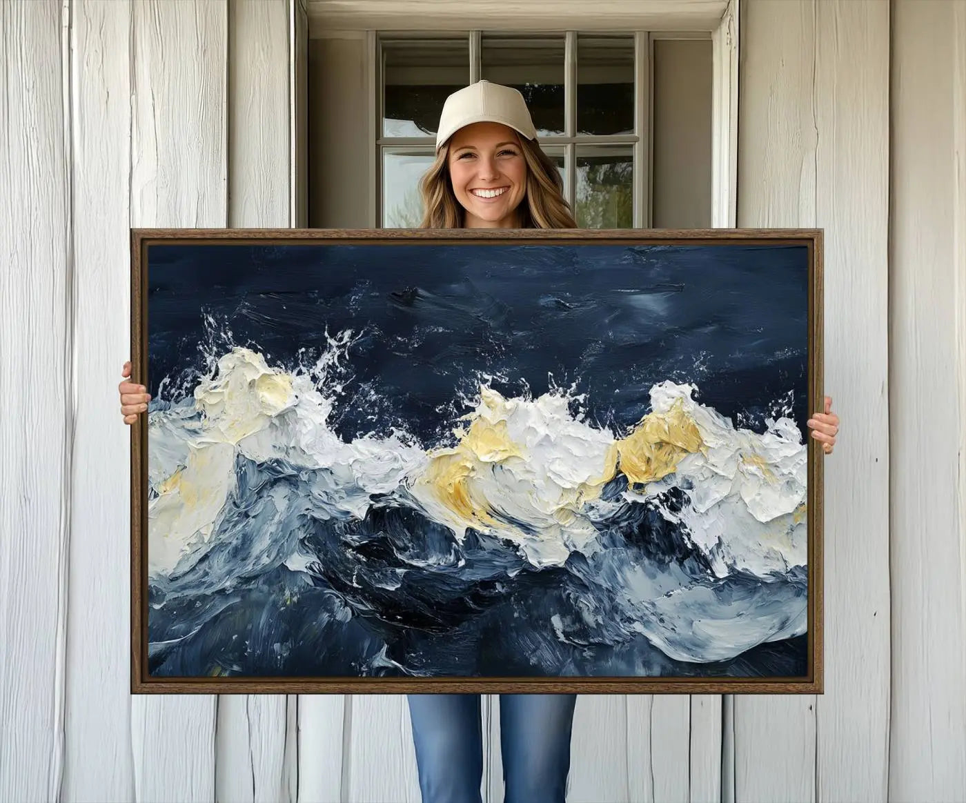 89192-MGV-CV-36X24-Abstract Ocean Waves Wall Art Canvas Print – Framed Blue White Sea Painting Modern Coastal Artwork for Home, Office Decor