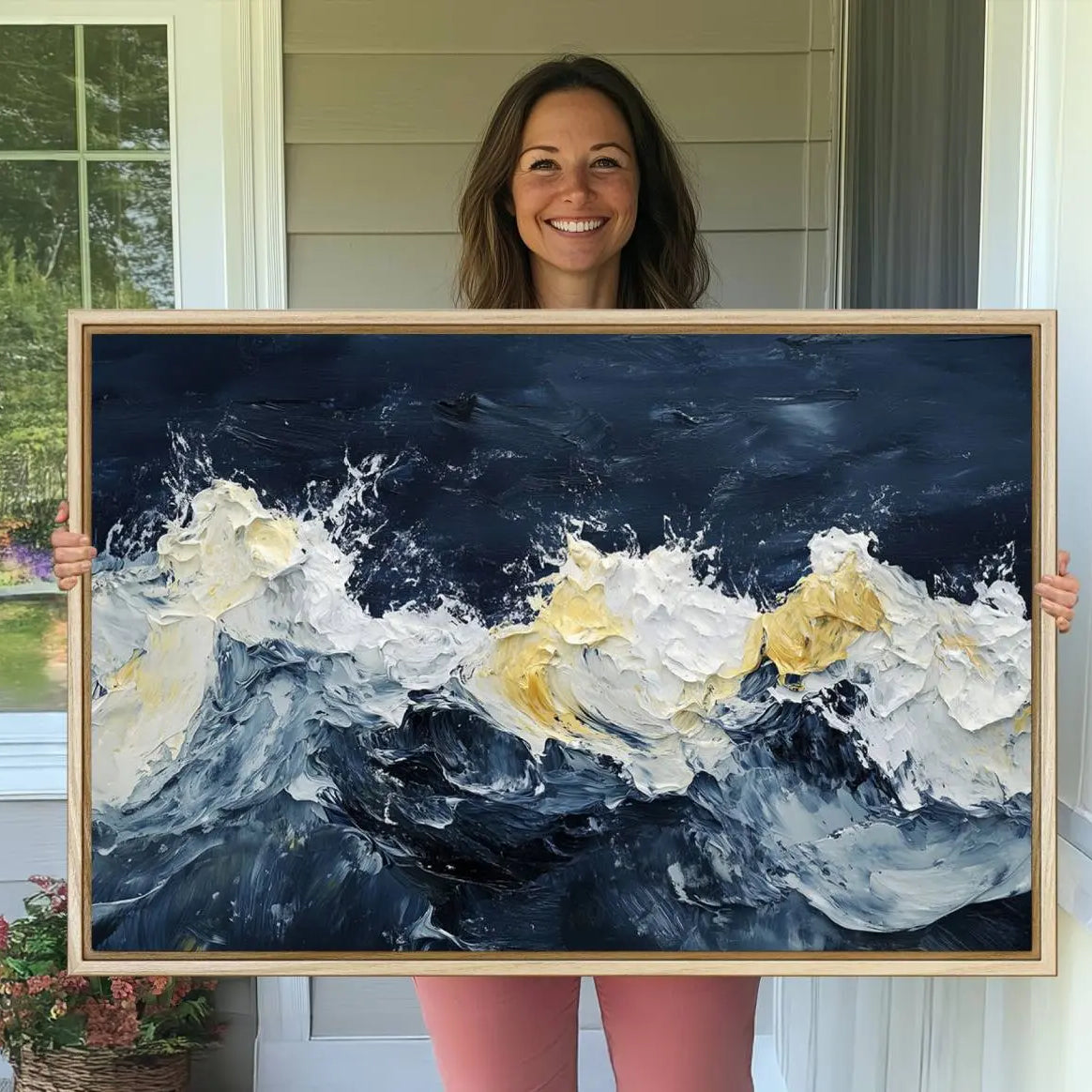 89192-MGV-CV-36X24-Abstract Ocean Waves Canvas Wall Art Print - Framed Blue and White Sea Painting - Modern Coastal