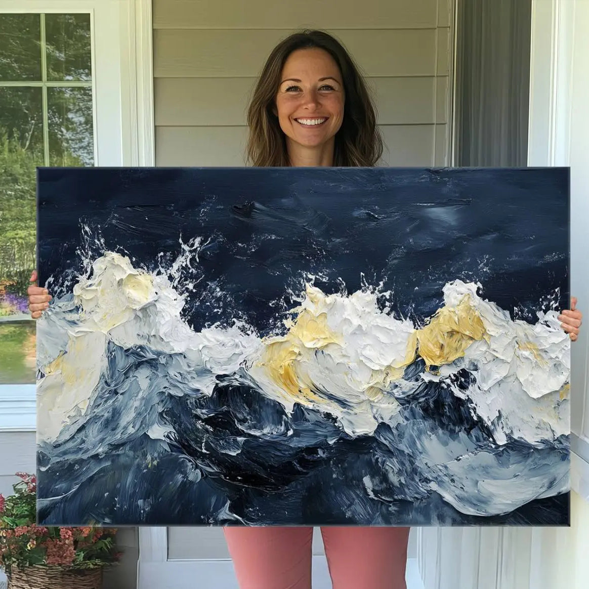 89192-MGV-CV-36X24-Abstract Ocean Waves Canvas Wall Art Print - Framed Blue and White Sea Painting - Modern Coastal