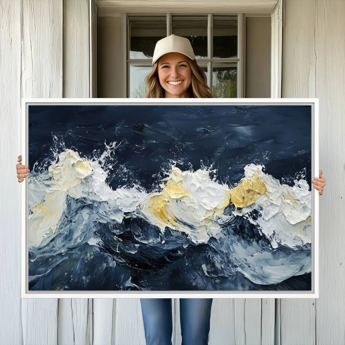 89192-MGV-CV-36X24-Abstract Ocean Waves Canvas Wall Art Print - Framed Blue and White Sea Painting - Modern Coastal