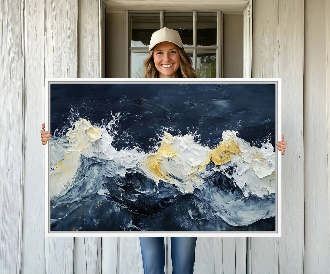 89192-MGV-CV-36X24-Abstract Ocean Waves Wall Art Canvas Print – Framed Blue White Sea Painting Modern Coastal Artwork for Home, Office Decor