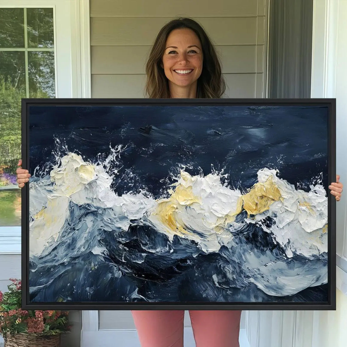 89192-MGV-CV-36X24-Abstract Ocean Waves Canvas Wall Art Print - Framed Blue and White Sea Painting - Modern Coastal