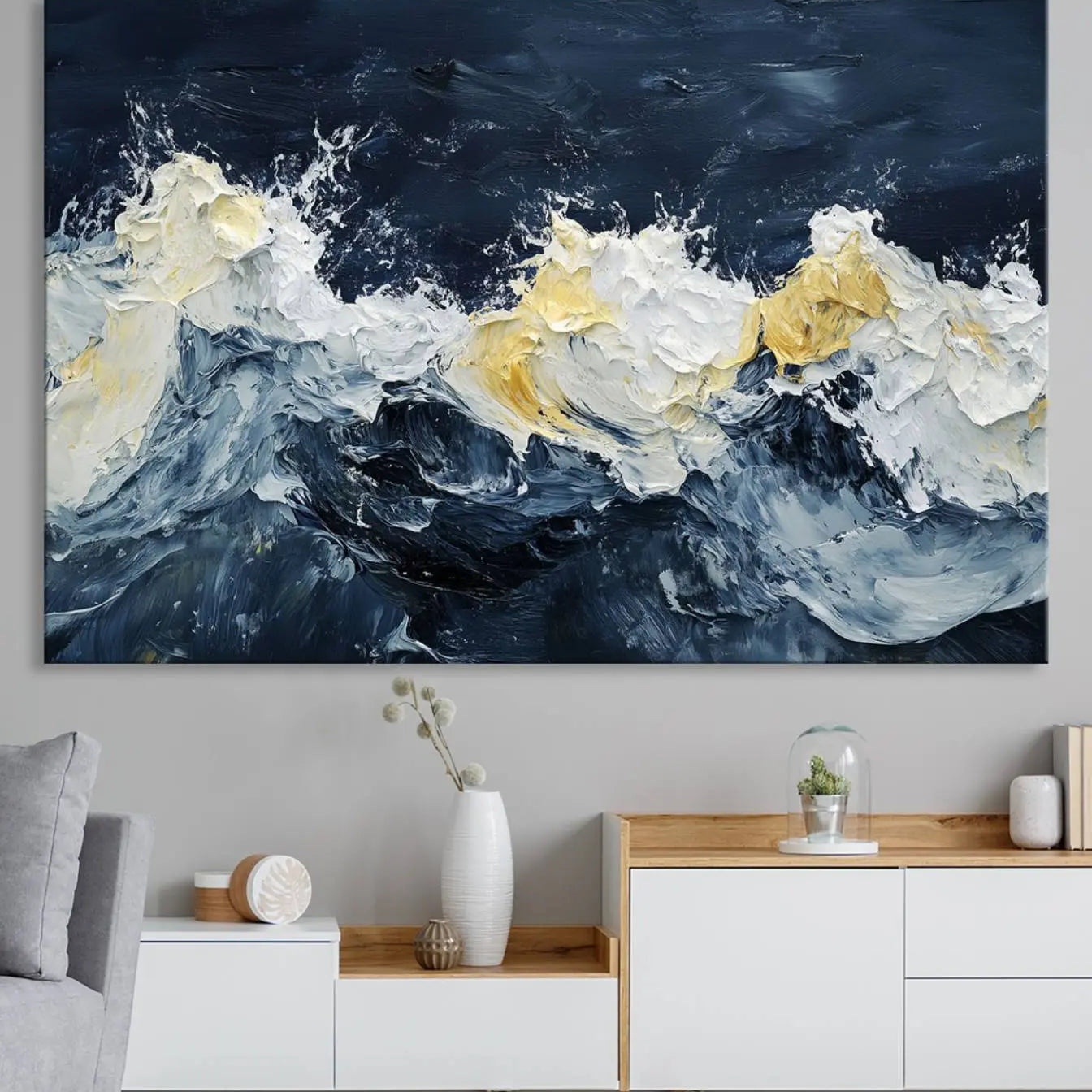 89192-MGV-CV-36X24-Abstract Ocean Waves Canvas Wall Art Print - Framed Blue and White Sea Painting - Modern Coastal