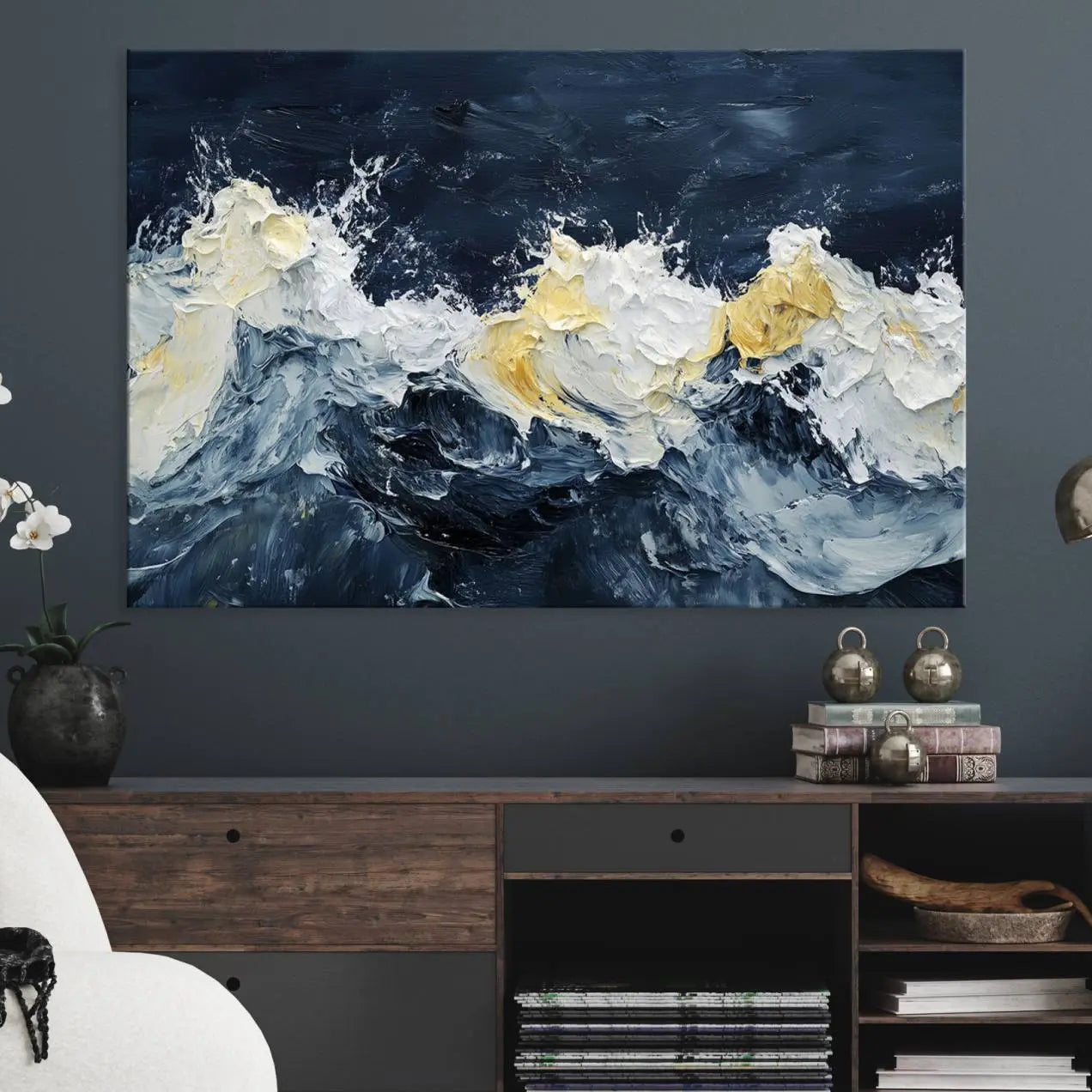 89192-MGV-CV-36X24-Abstract Ocean Waves Canvas Wall Art Print - Framed Blue and White Sea Painting - Modern Coastal