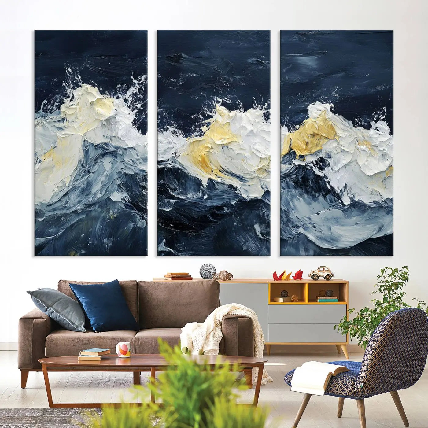 89192-MGV-CV-36X24-Abstract Ocean Waves Canvas Wall Art Print - Framed Blue and White Sea Painting - Modern Coastal