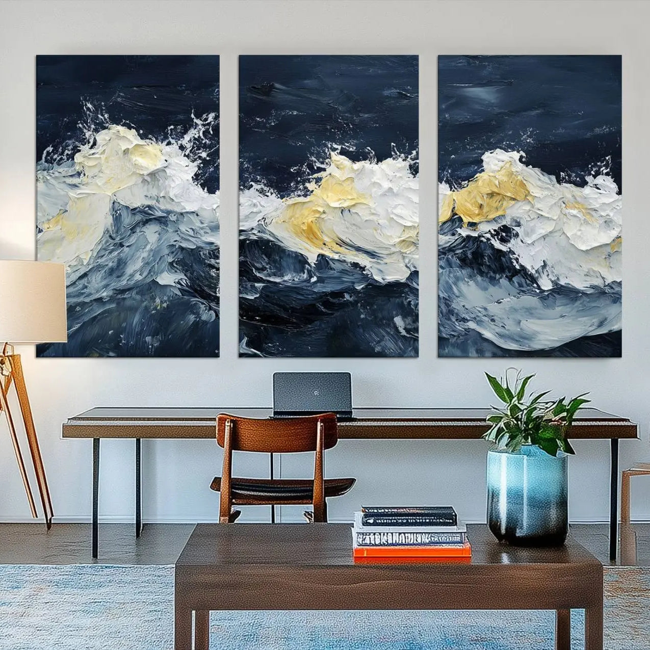 89192-MGV-CV-48X32-3P-Abstract Ocean Waves Canvas Wall Art Print - Framed Blue and White Sea Painting - Modern Coastal