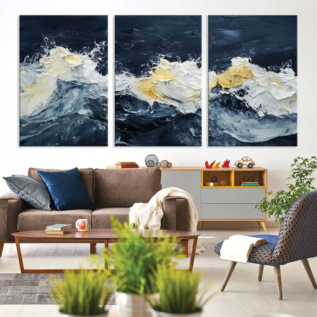 89192-MGV-CV-36X24-Abstract Ocean Waves Canvas Wall Art Print - Framed Blue and White Sea Painting - Modern Coastal