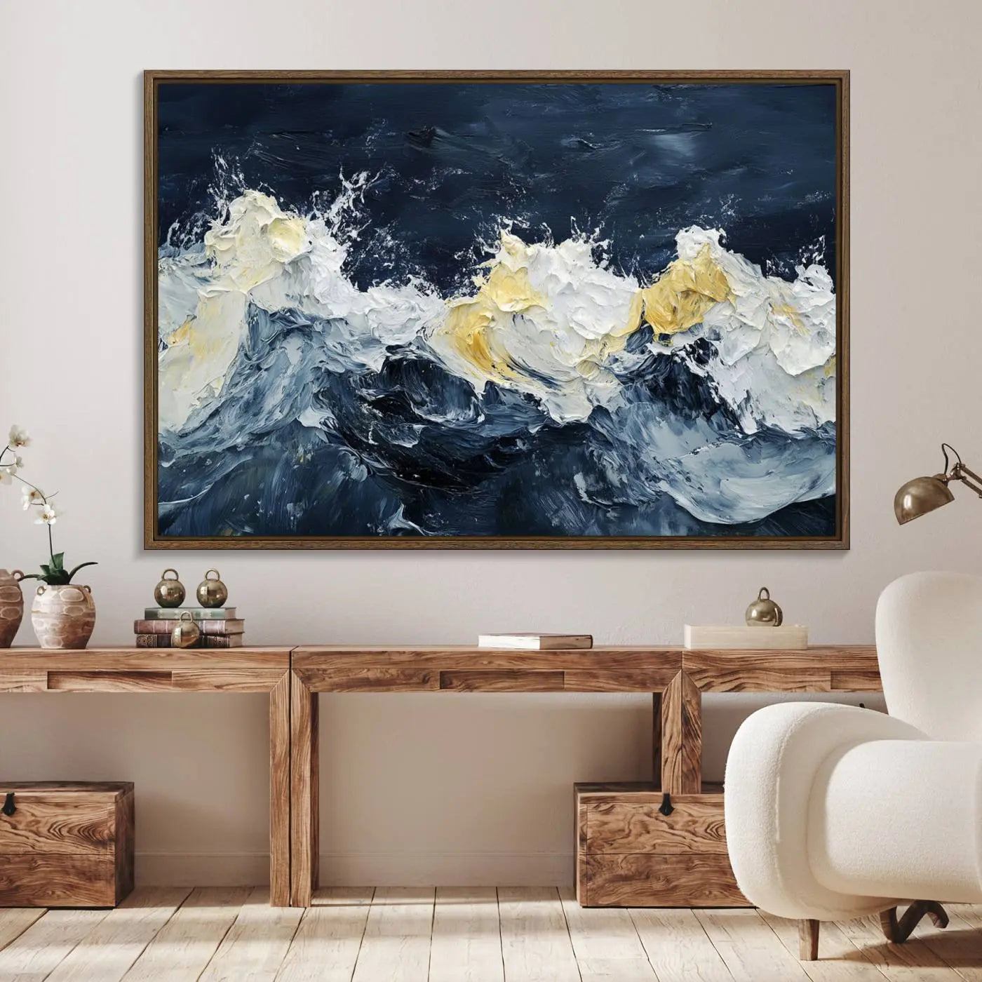 89192-MGV-FC-36X24_Walnut-Abstract Ocean Waves Canvas Wall Art Print - Framed Blue and White Sea Painting - Modern Coastal